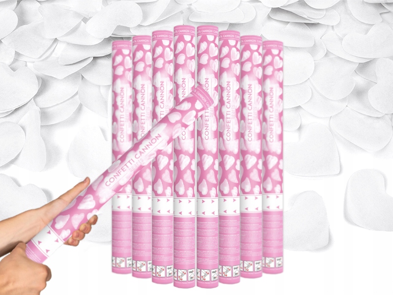 KOMPLET TUBY STRZELAJĄCE SERDUSZKA BIAŁE WYRZUTNIA KONFETTI NA ŚLUB 60cm