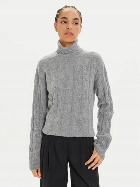 Tommy Hilfiger Šedý Svetr S Rolákem A Copánkovou Vazbou, Vlna Xs X_a