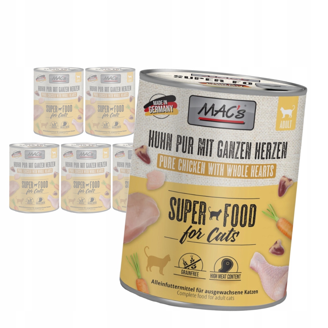 Levně MAC's 6x800g Bezobilné Mokré Krmivo Pro Kočky Kuřecí srdce Drůbeží