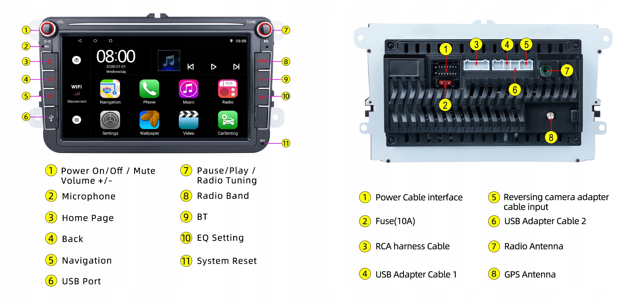 RADIO ANDROID 2DIN 2+32 GB 8 CALI VW PASSAT B6 B7 GOLF 5 V 6 VI SKODA SEAT Wysokość produktu 13.4 cm