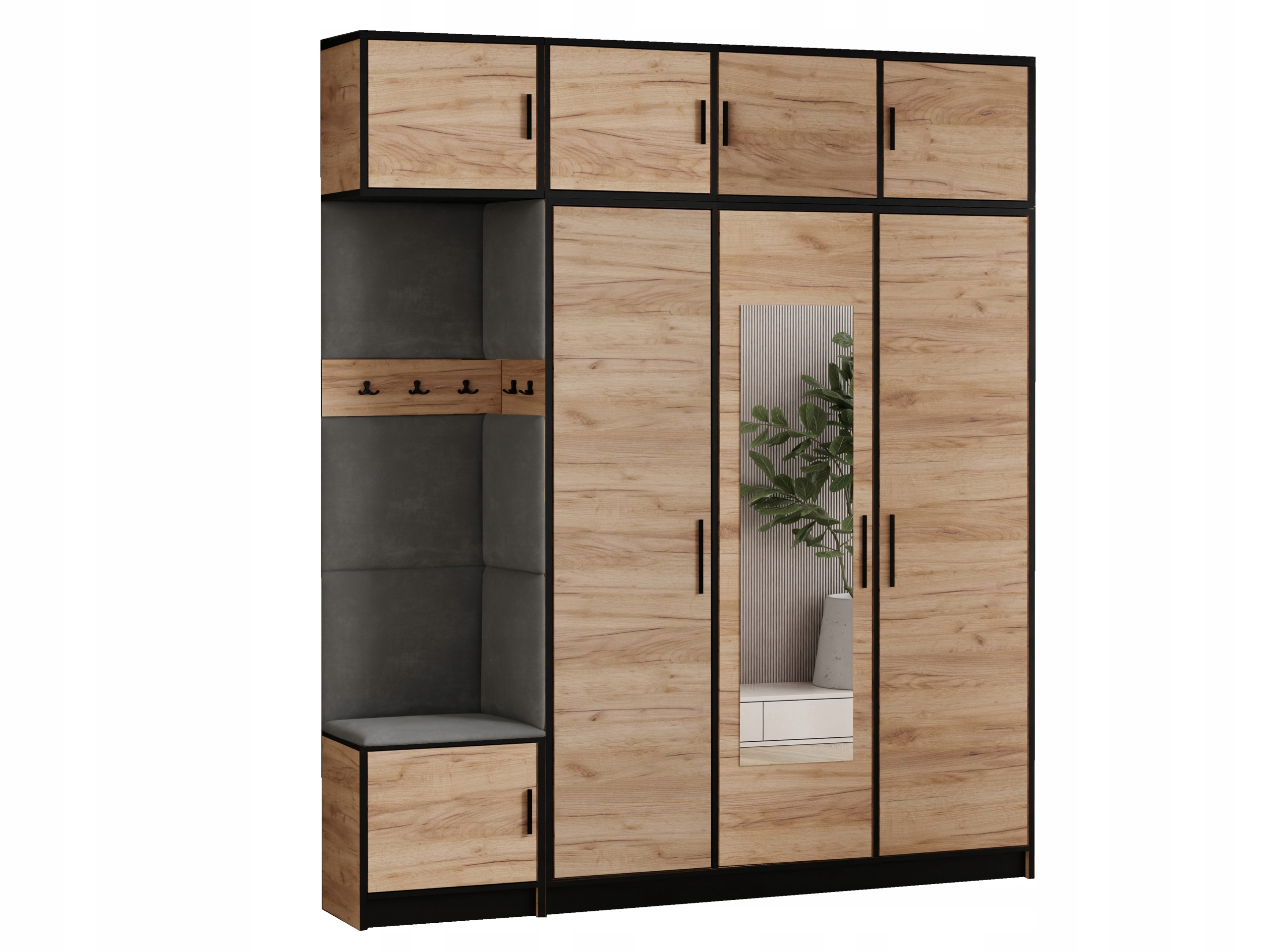 Šatní skříň Dior 14 dub craft zlatý šedá tkanina, sedák s nástavcem