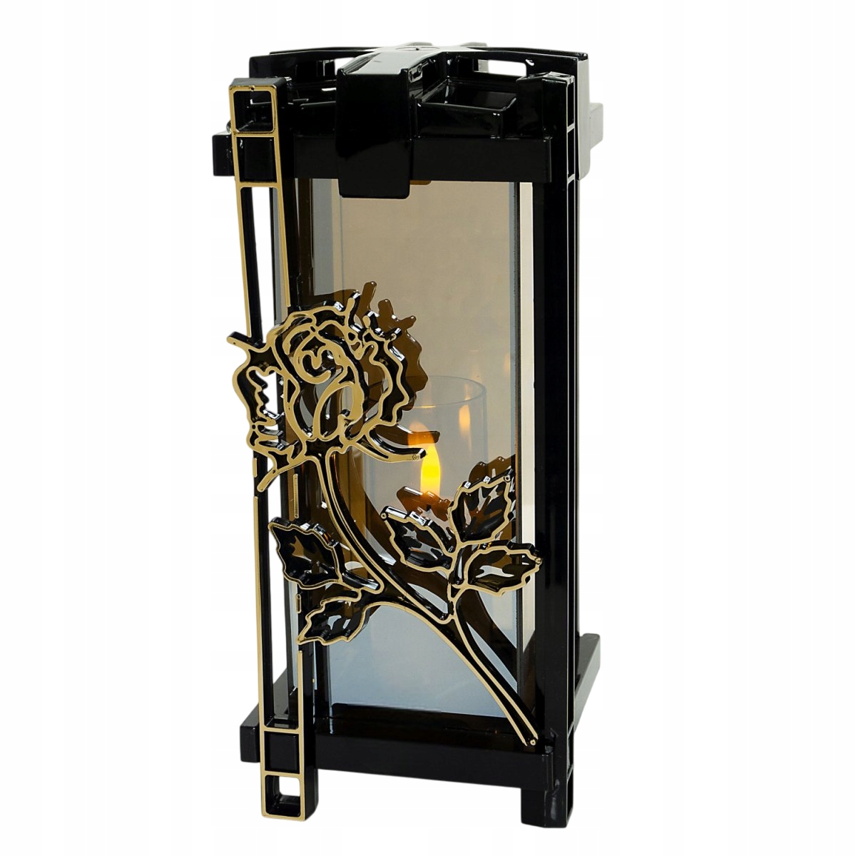 Hřbitovní Svíčka náhrobní sloupek černý kouřové sklo zlato růže ozdoba lampion velký