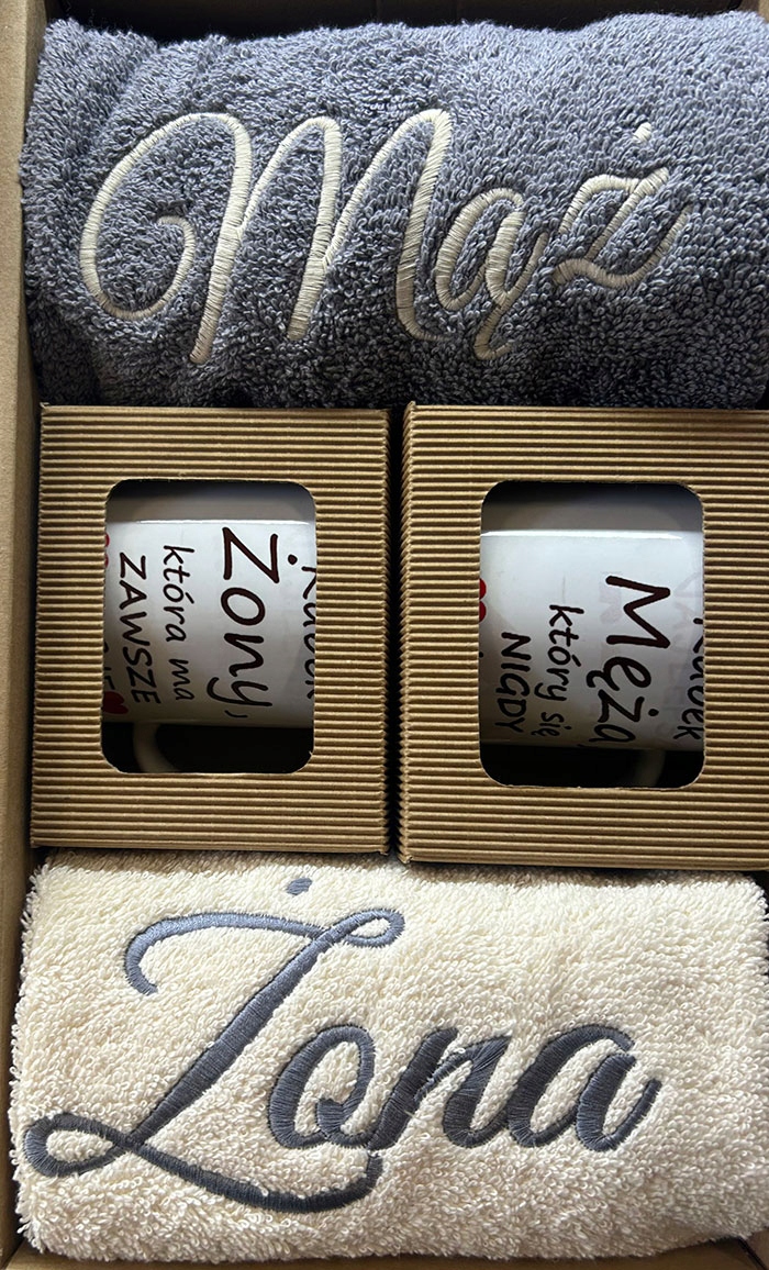 Dárek Na Svatba Sada Ručníků 50X100 Výšivka Set 2X Hrnek Manžel A Manželka