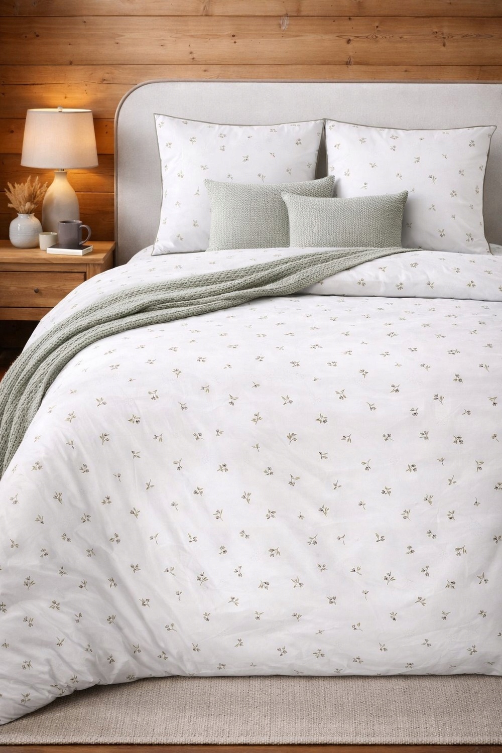 Pościel biała zielona w drobny wzór perkal subtelna delikatna 220