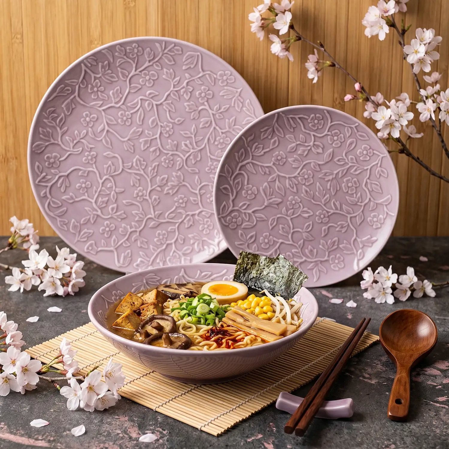 Lubiana Hanami Lawenda Serwis obiadowy 36el 12 os porcelana kwiatowy relief