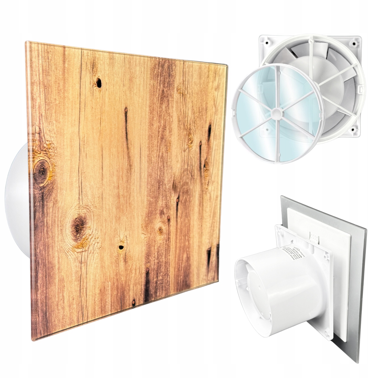 Koupelnový ventilátor dRim fi100 Zpětný Ventil Přední Strana Skleněné dřevo