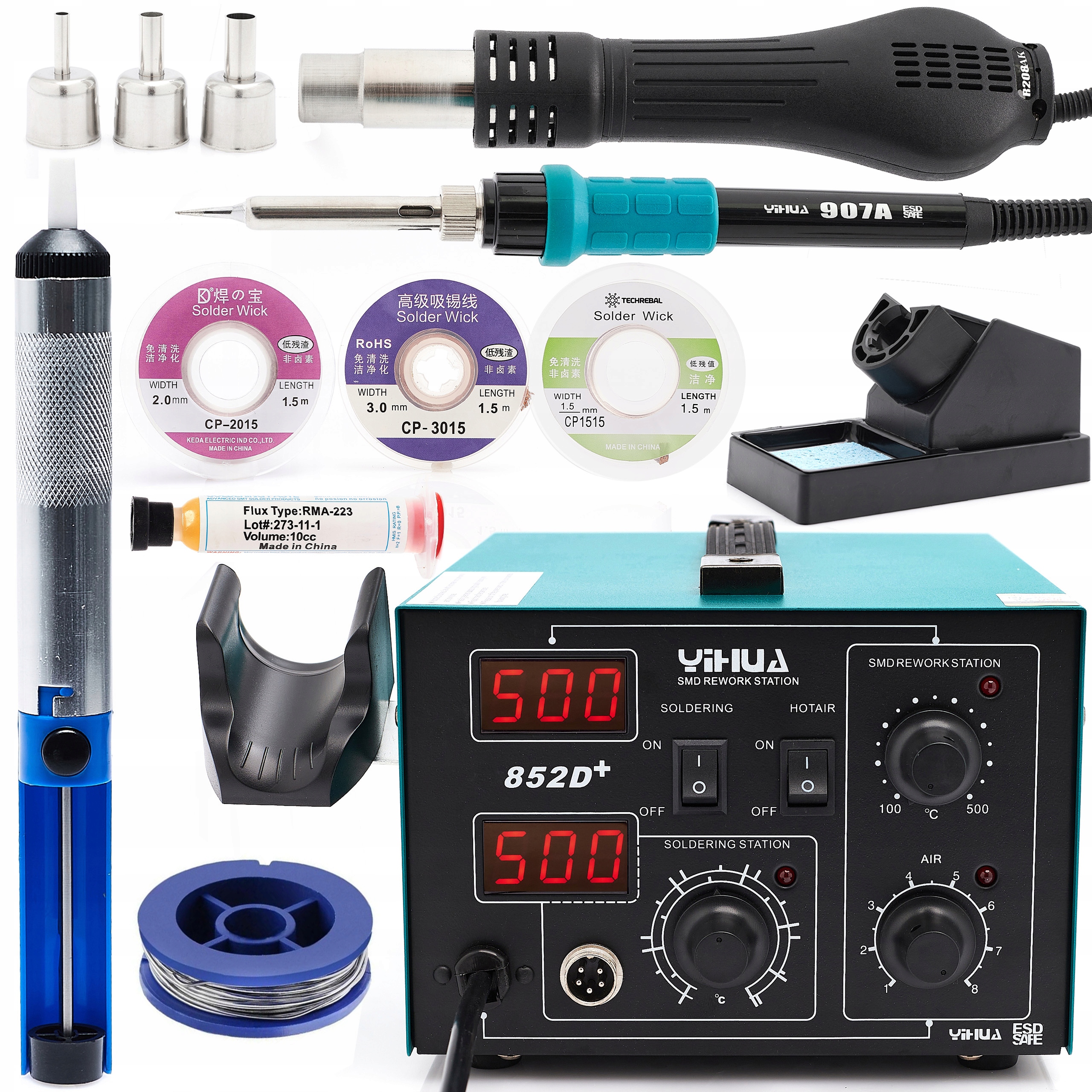 Pájecí Stanice Hot Air Yihua 852D+ 740W Pletenina Cín Odsávačka Tavidlo