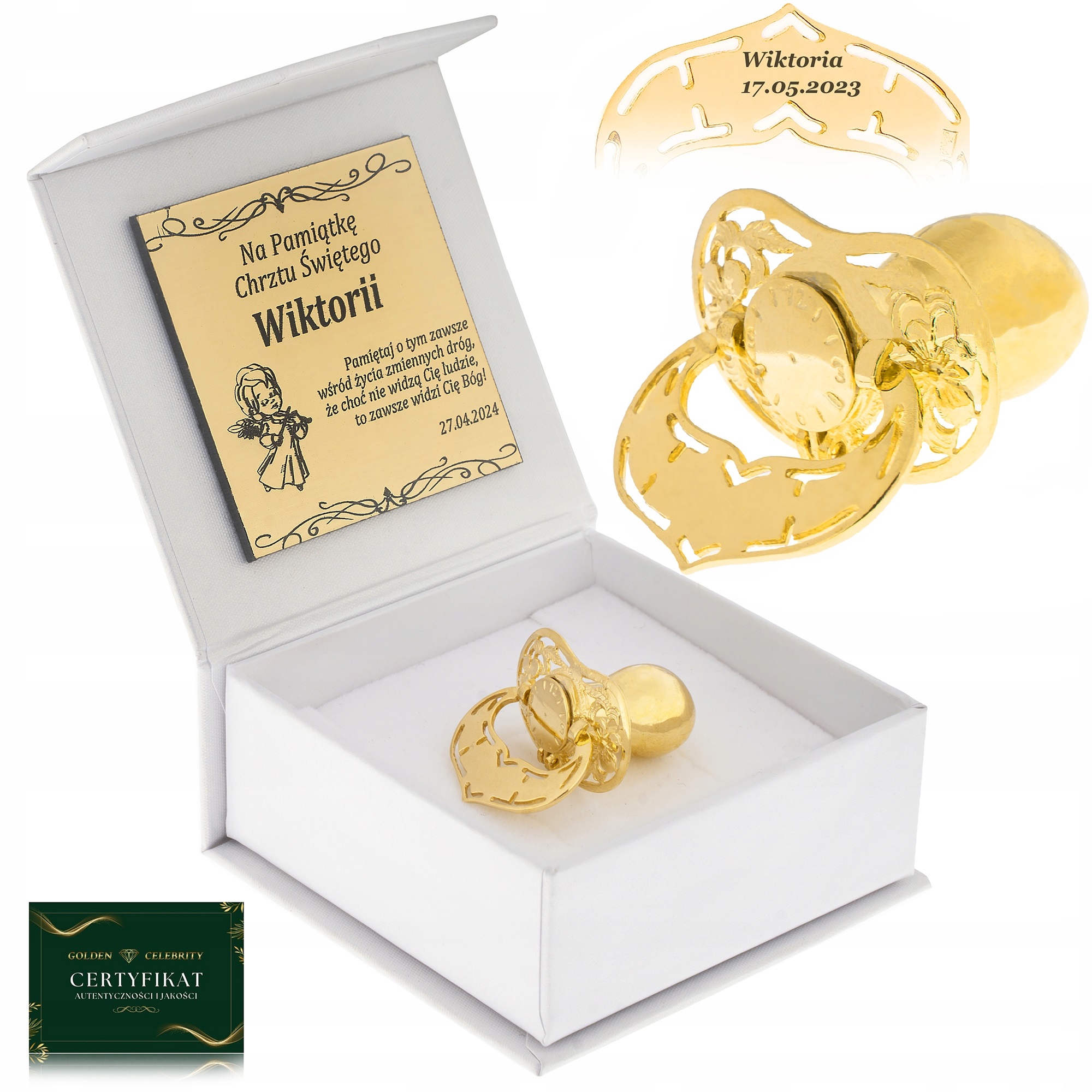 Suvenýr Křtu Svatého Zlatý Stříbrný Pozlacený Dudlík 925 Gravírování