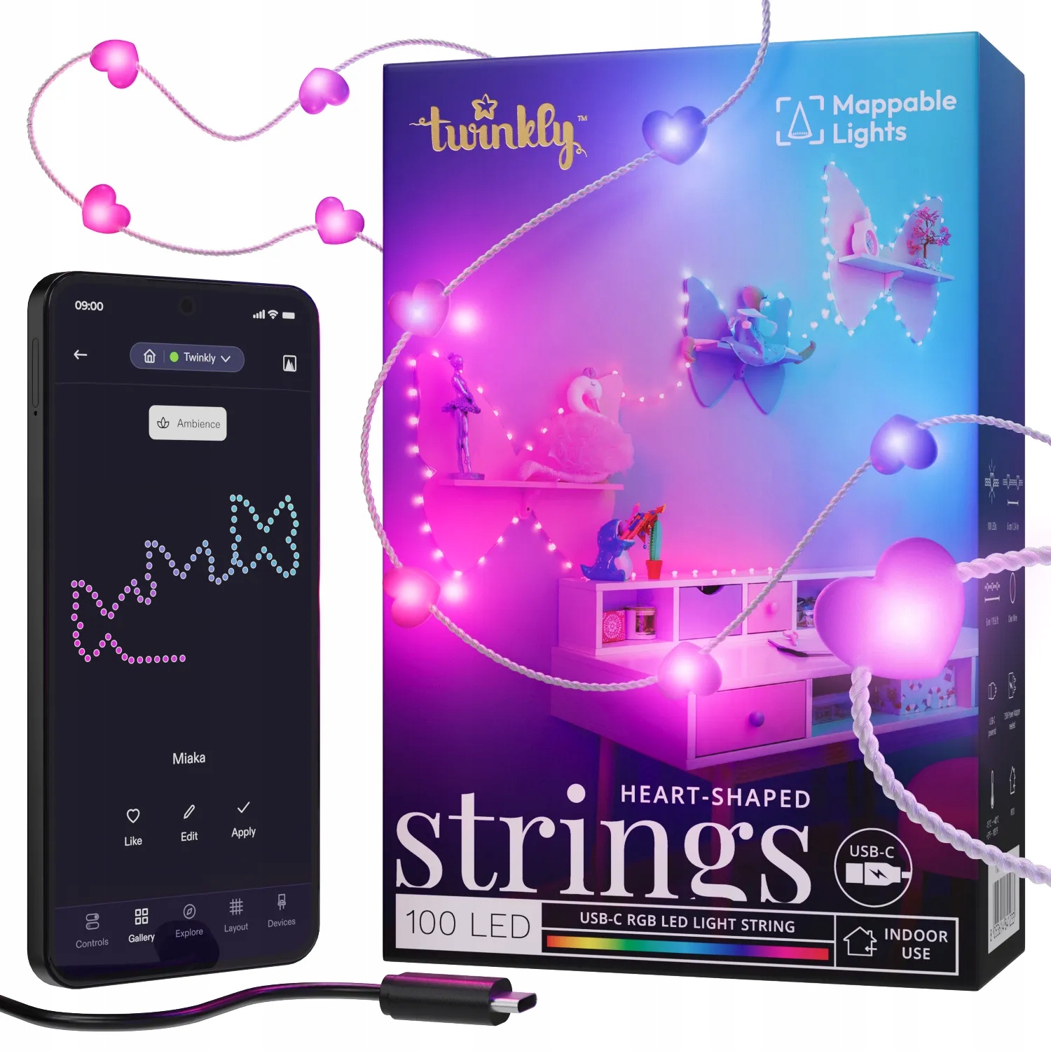 Twinkly Strings Usb Candies 100 Led Rgb, srdce, 6 m, průhledný opletení,