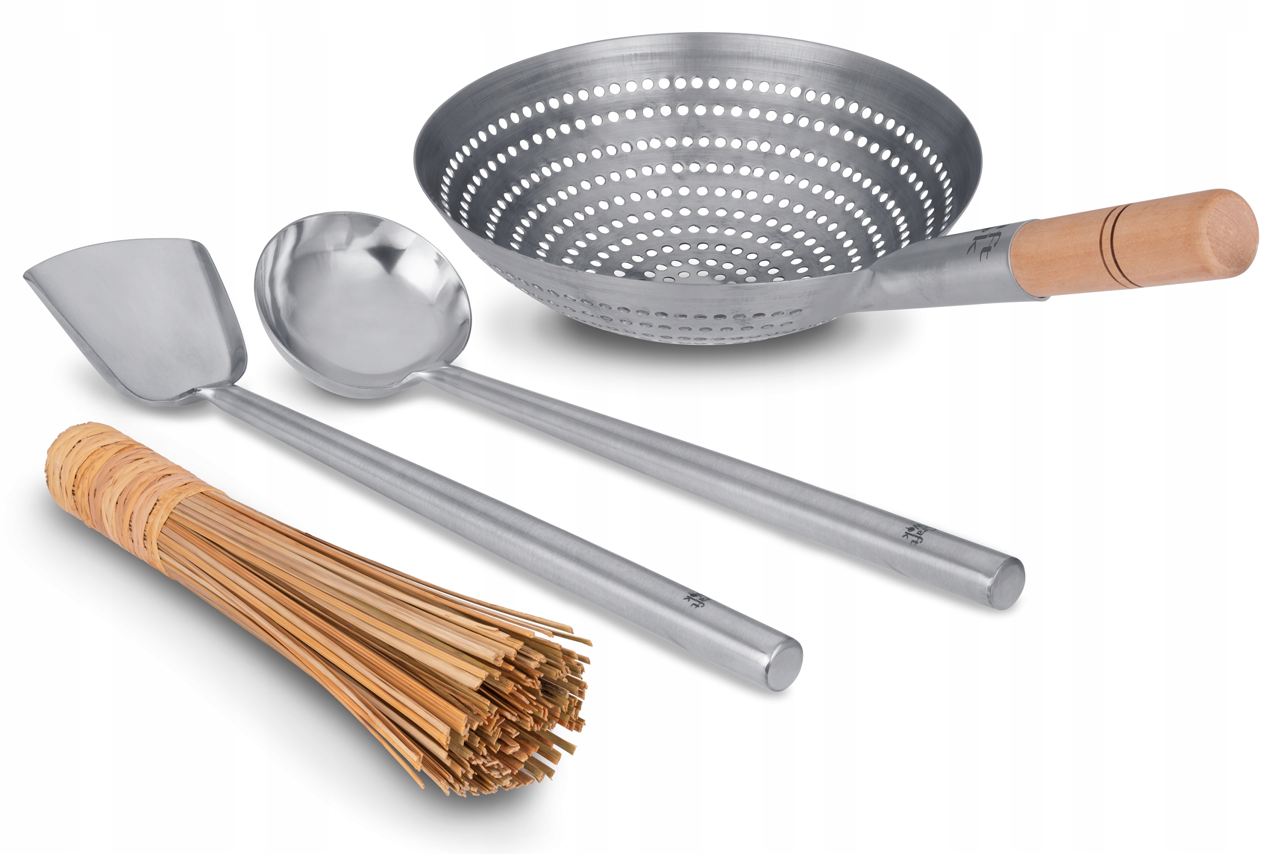 Sada pomůcek pro wok 4v1 Naběračka Špachtle Cedník Kartáč Craft Wok