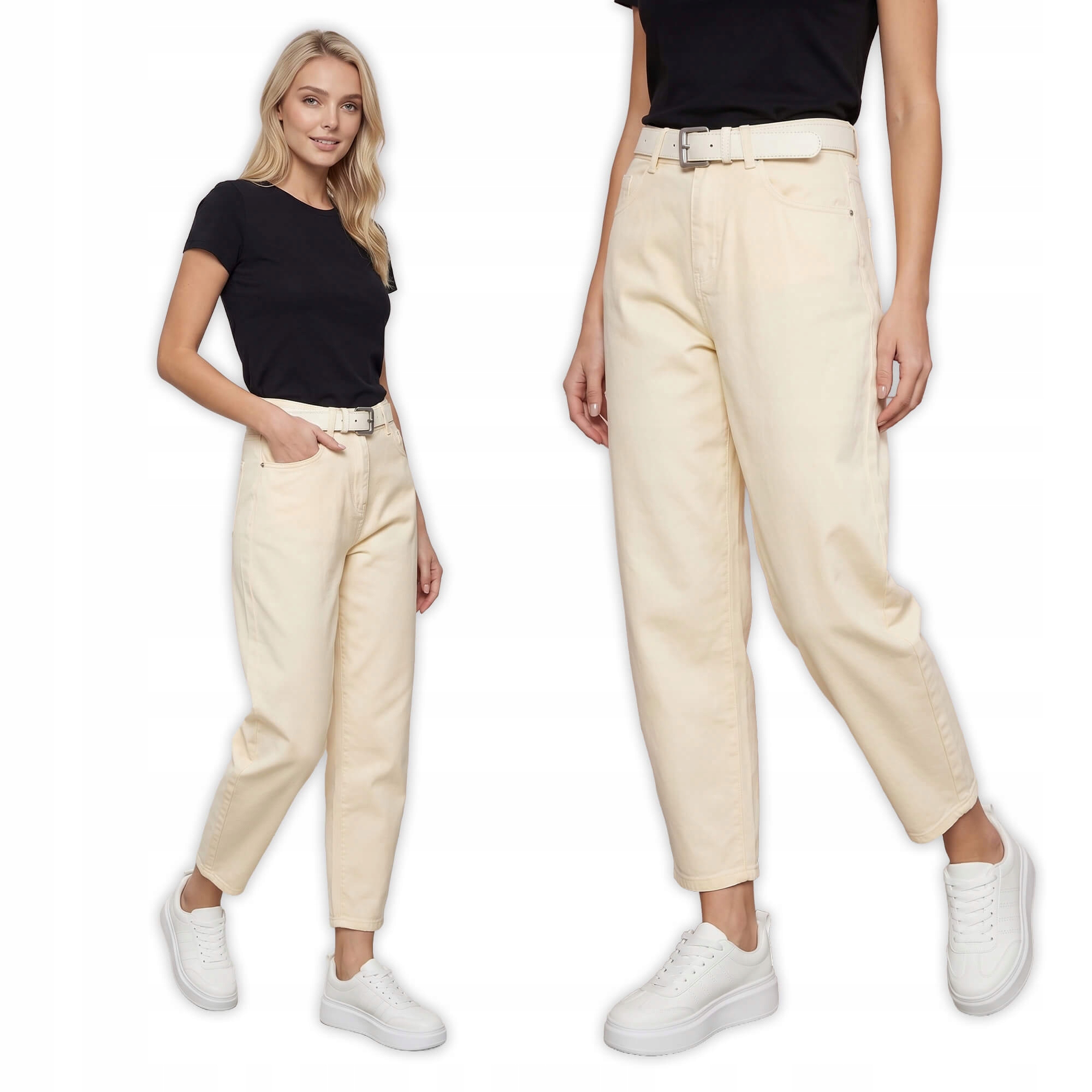 Spodnie jeans damskie M.Sara Balloon wysoki stan z paskiem Żółty M