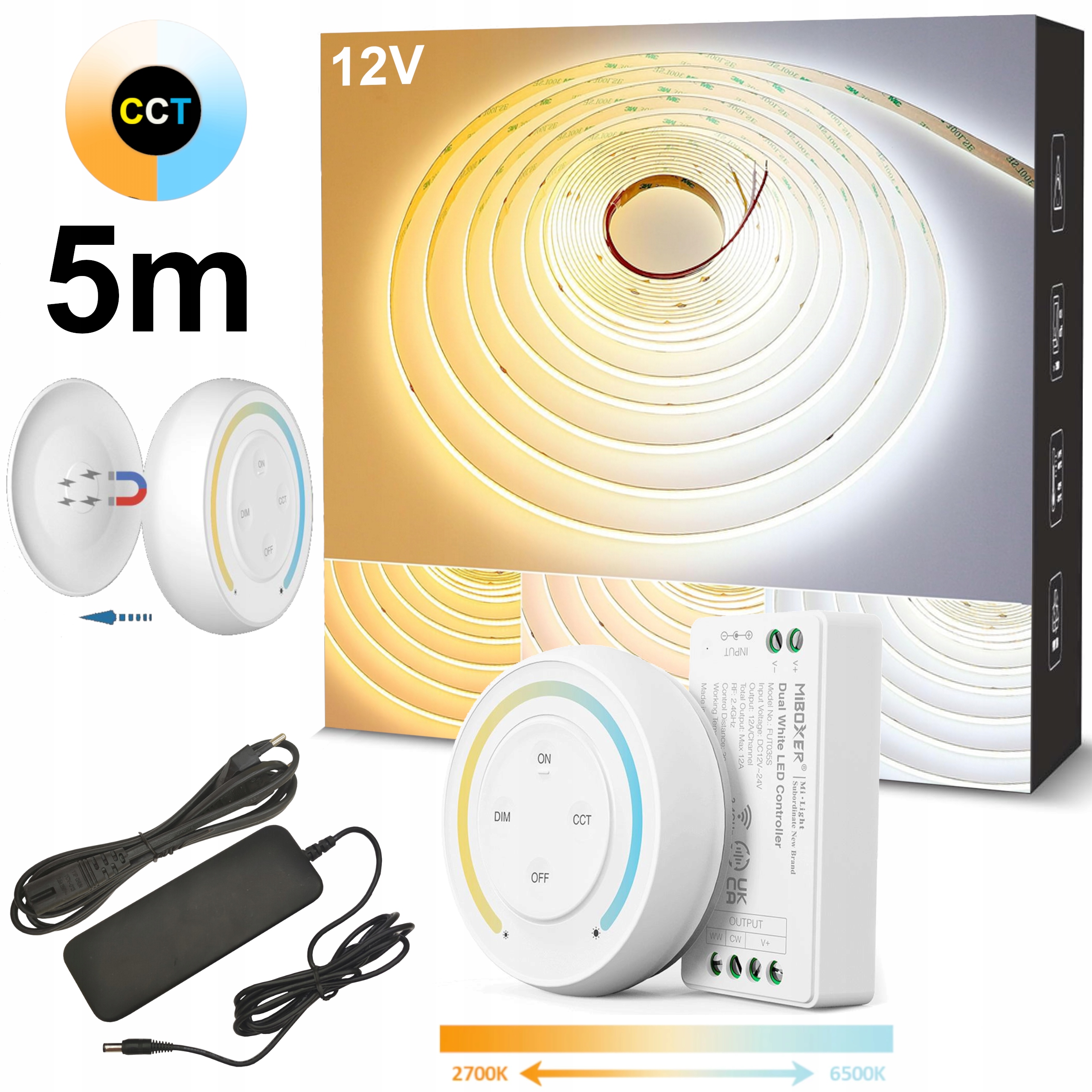 Led pásik Cob Cct 12V 2700K-6500K 5M V Súprave S Napájacím Adaptérom A Ovládačom