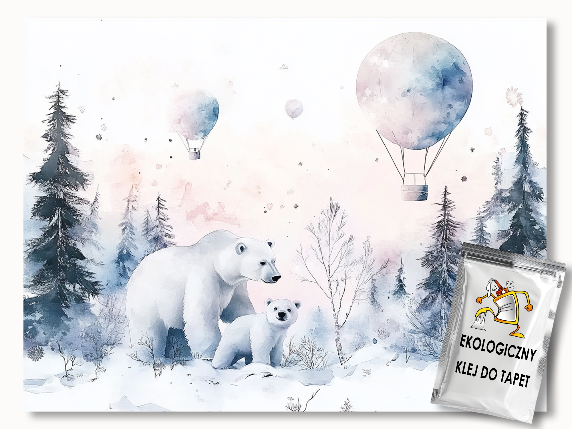 Fototapeta Flizelina Zima Sníh Les Bílý Medvídek Medvídci Balóny 400x250 155g