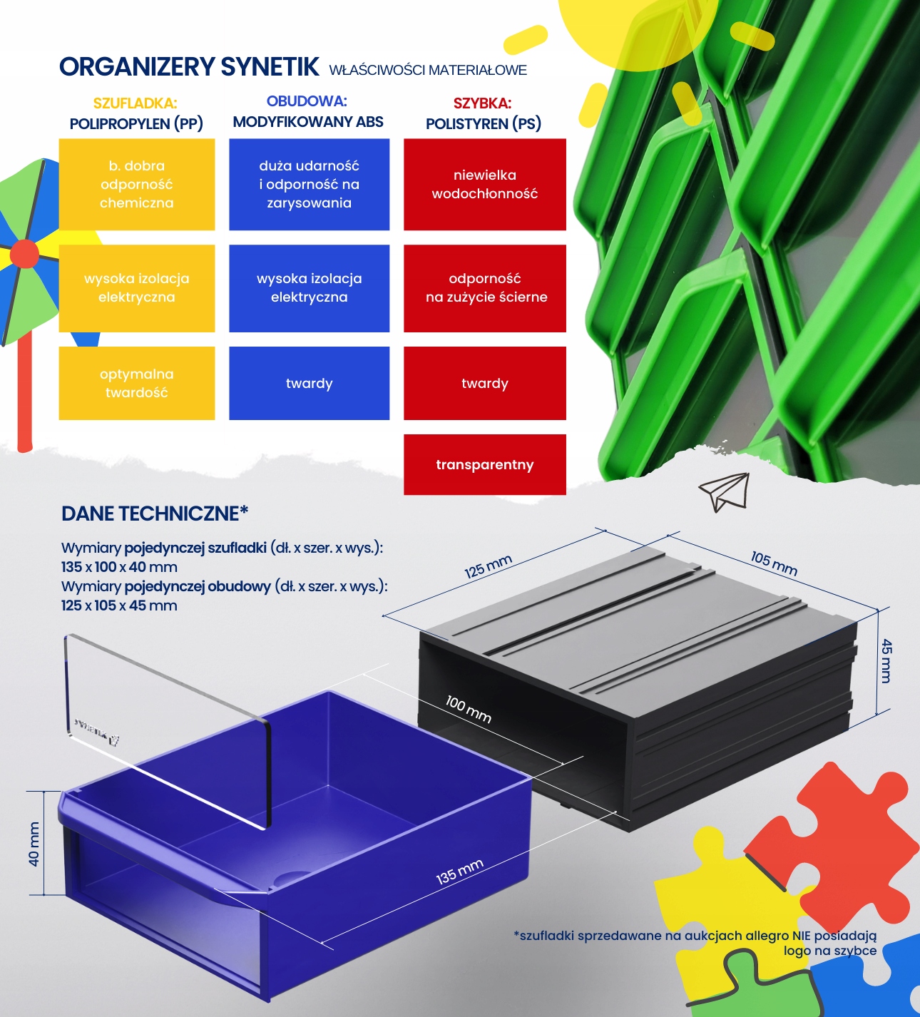 Szufladki dla dzieci na klocki LEGO 4 szt. Wysokość mebla 18 cm