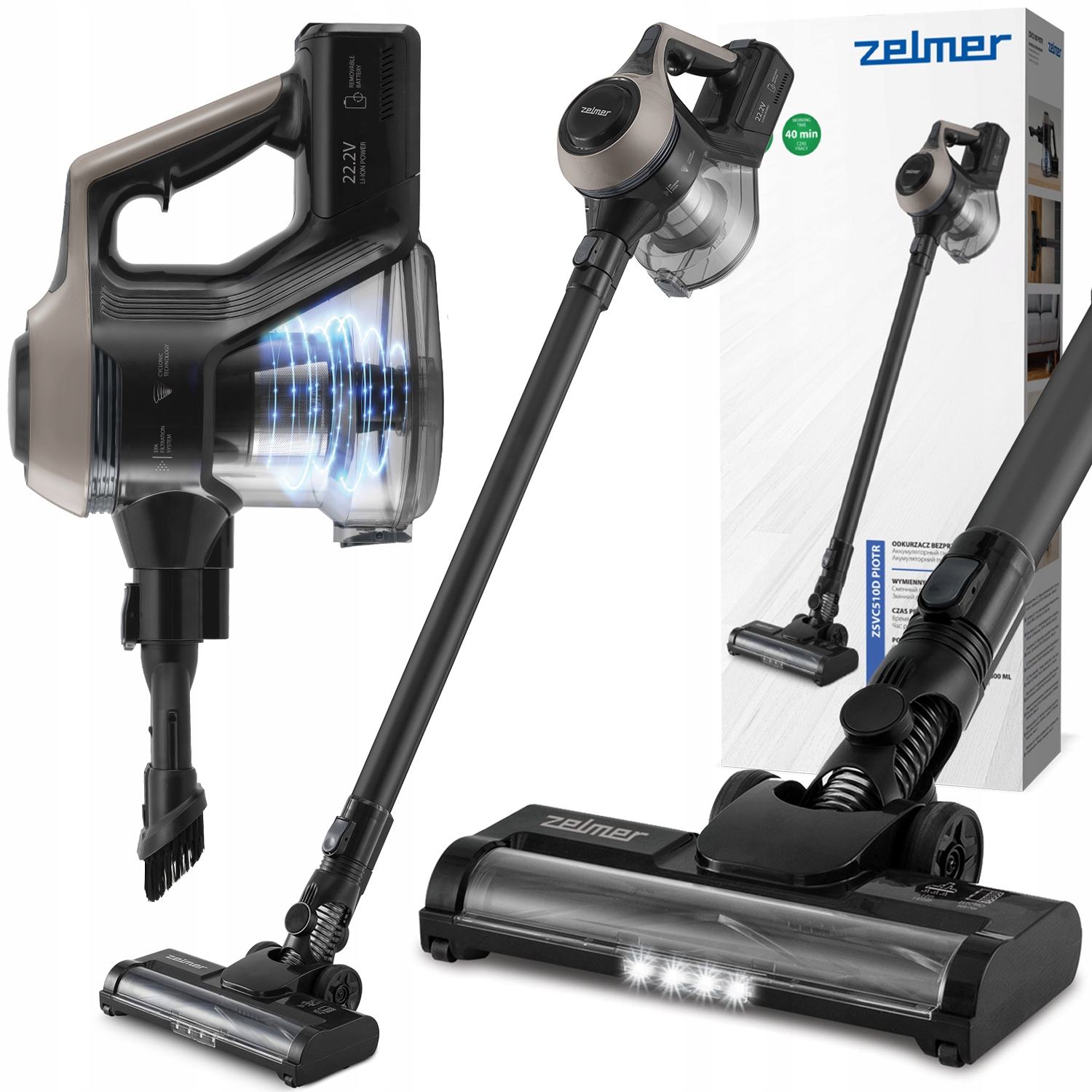 Odkurzacz Pionowy Zelmer Bezprzewodowy Ręczny Cyklonowy Bezworkowy Led 145W