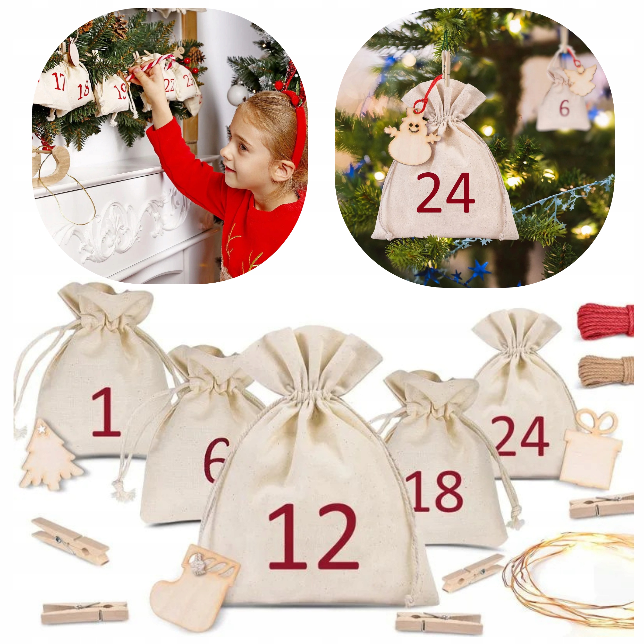 Adventní kalendář sada 24 prázdných sáčků s čísly, dekorace lampičky