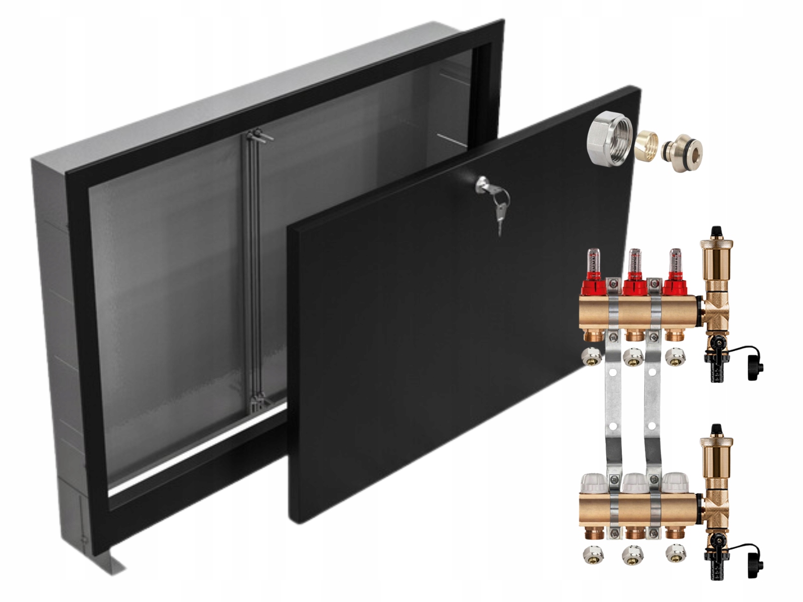 Mosazný Rozdělovač 3 Sekce Pex Spojky Podomítková Skříňka Černá