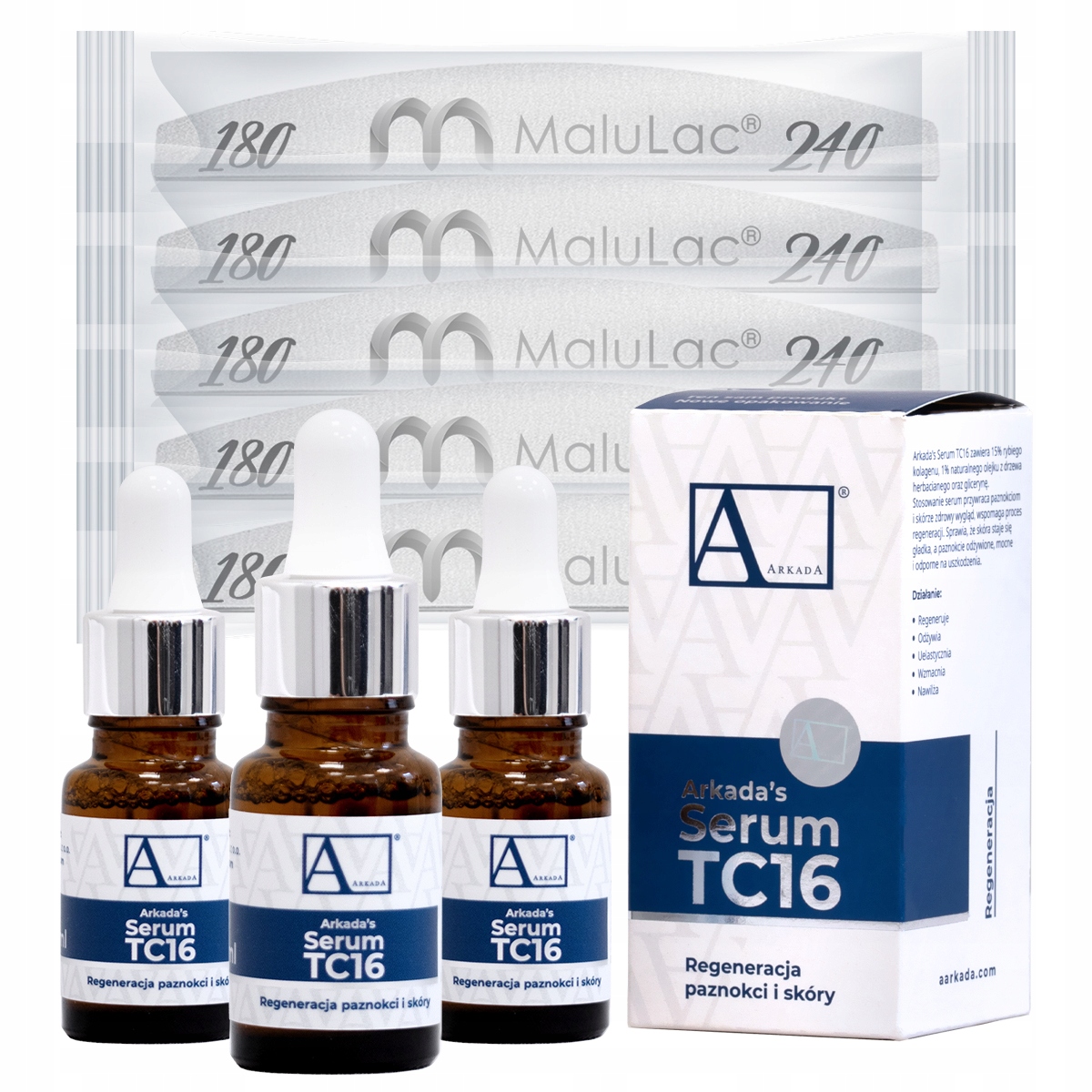 3x ARKADA serum kolagenowe 11ml 6 sztuk PILNIK do paznokci MaluLac 180 240