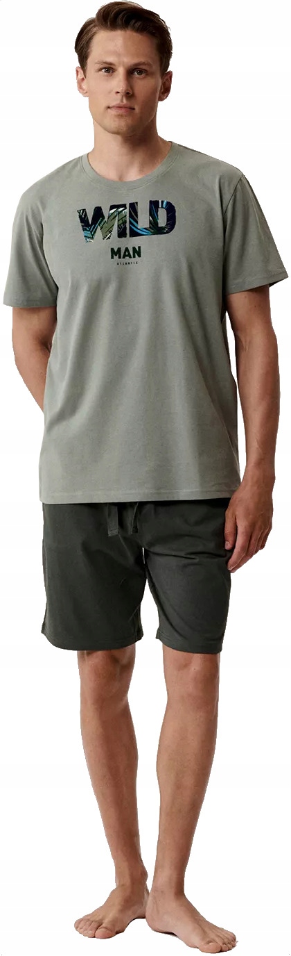Pánské Pyžamo Atlantic NMP396/ZELENÁ/KHAKI Krátký Rukáv Wild Kraťasy XL