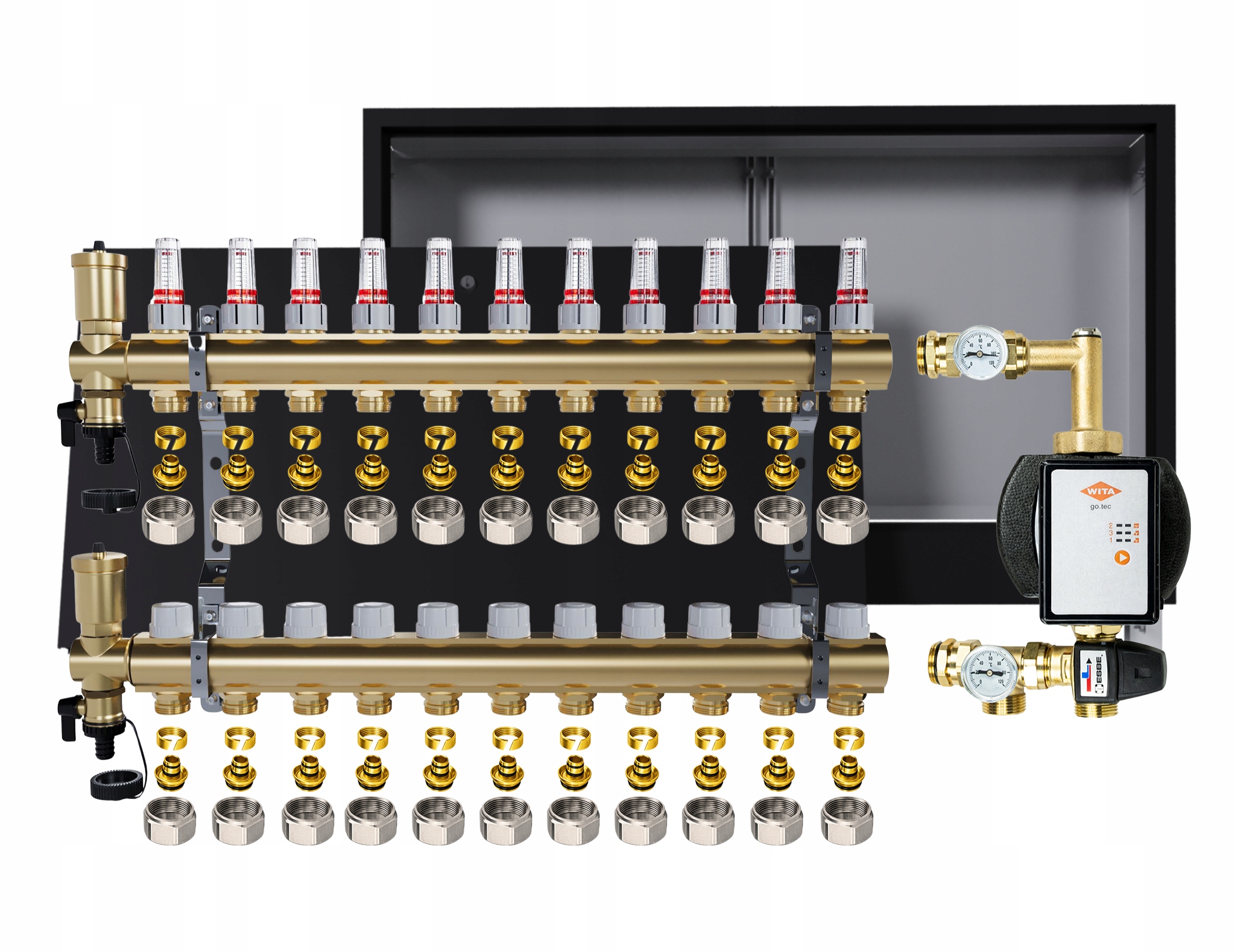 Rozdělovač pro podlahu 11 okruhů s čerpadlem Wita podomítková skříňka +pex