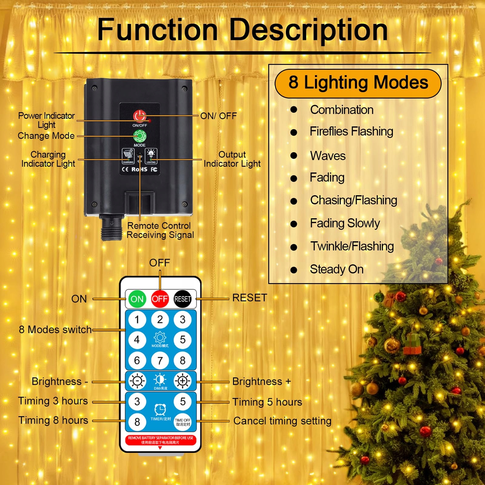 MICACORN GIRLANDA KURTYNA ŚWIETLNA LAMPKI DEKORACYJNE 3Mx3M 300LED — miniatura 4