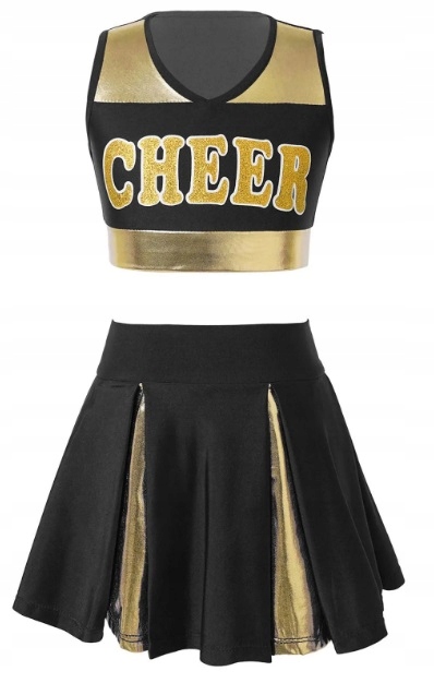 Strój Cheerleaderki Sukienka Zestaw Top Spódniczka Złoty Czarny 170/176