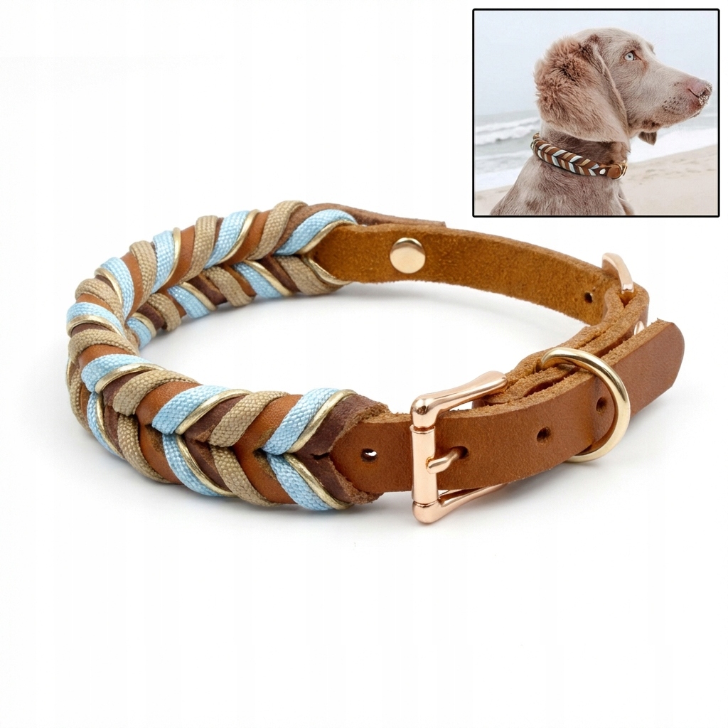 Levně Ručně pletený kožený obojek pro psy, pravá hovězí kůže, nastavitelný S