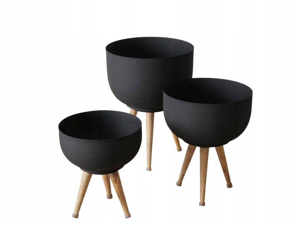 Kovové kvetináče Topco, nožnice z manogvého dreva, 3 ks