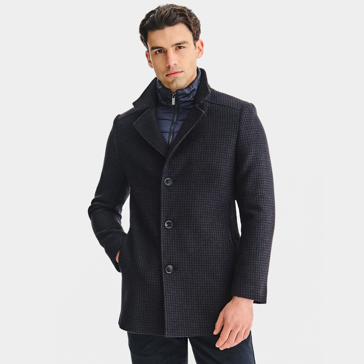 Tmavě modrý pánský kabát s připínacím stojáčkem Pako Lorente vel 48