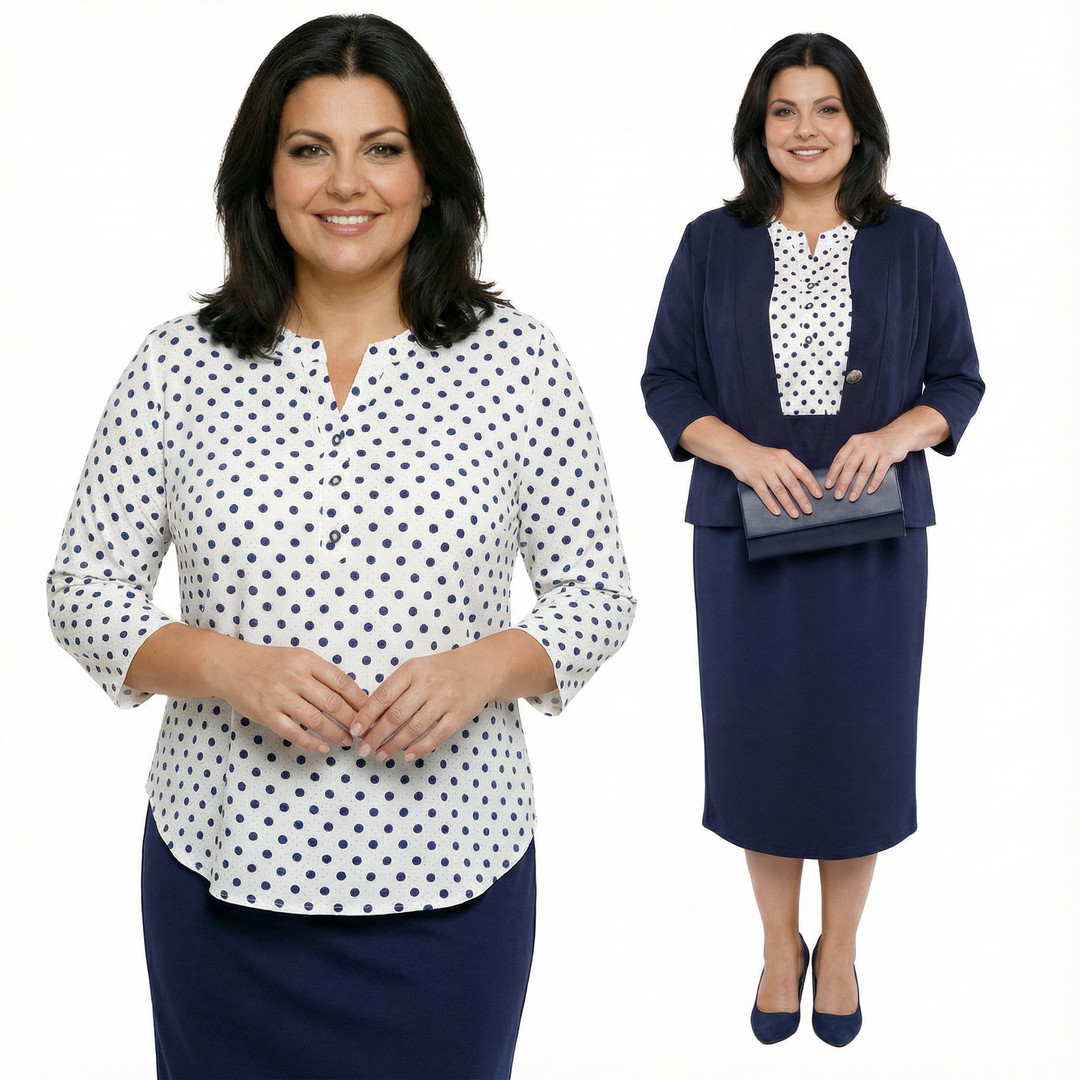 Bílá halenka s modrými puntíky plus size, velikost 54