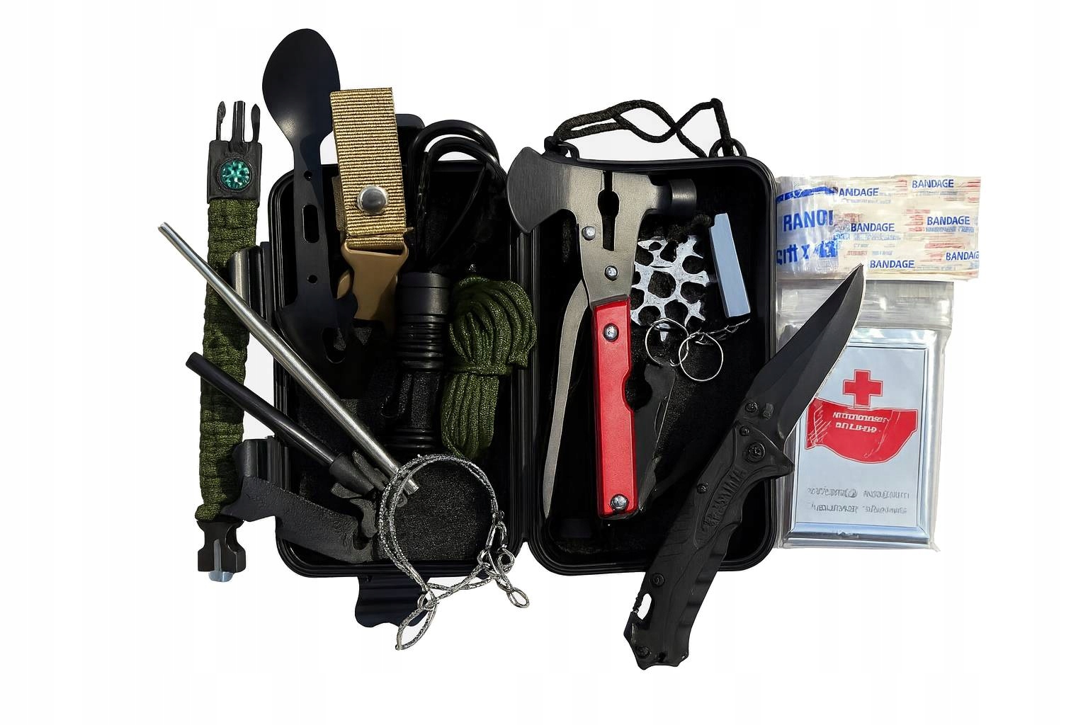 Sada Přežití v Krabičce Multitool Svítilna Nůž Křesadlo Příslušenství Edc