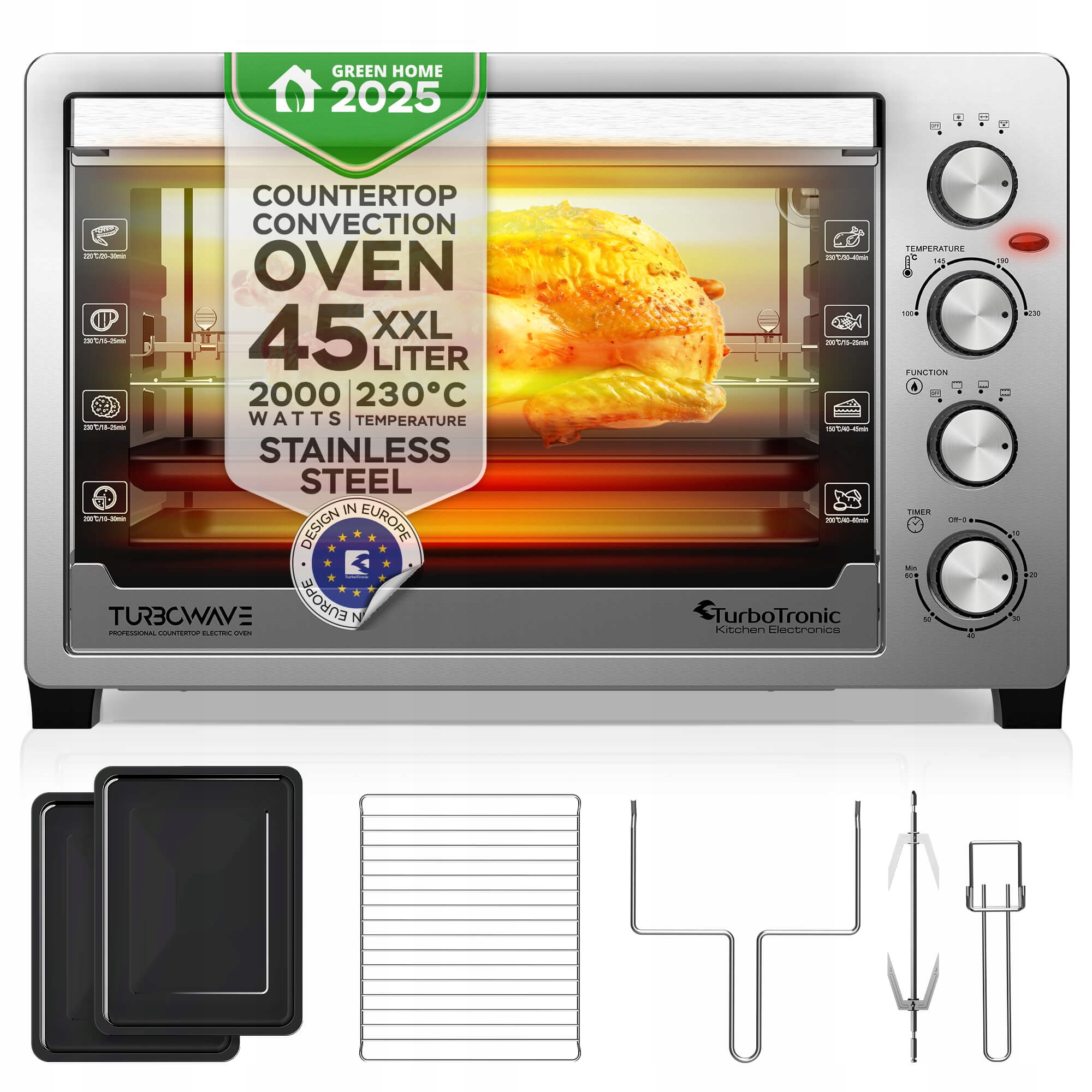 Piekarnik Elektryczny 45L Termobieg+rożno+grill 2000W Inox Stal Nierdzewna
