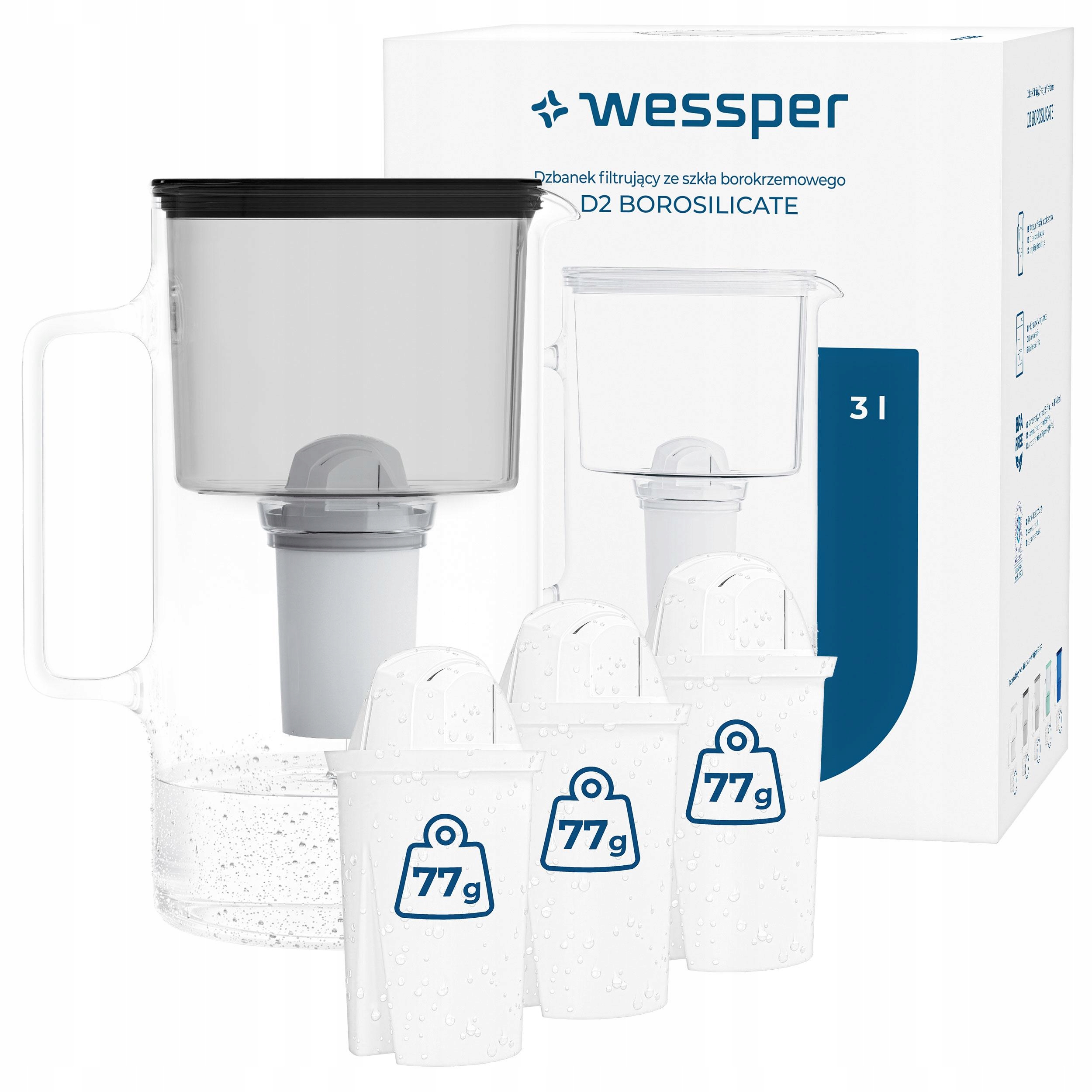 Szklany dzbanek filtrujący Wessper D2 Borosilicate 3l czarny 4x filtr
