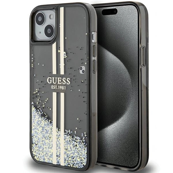 Pouzdro Guess Liquid Glitter Gold Stripes pro iPhone 15 Plus 14 Plus černý