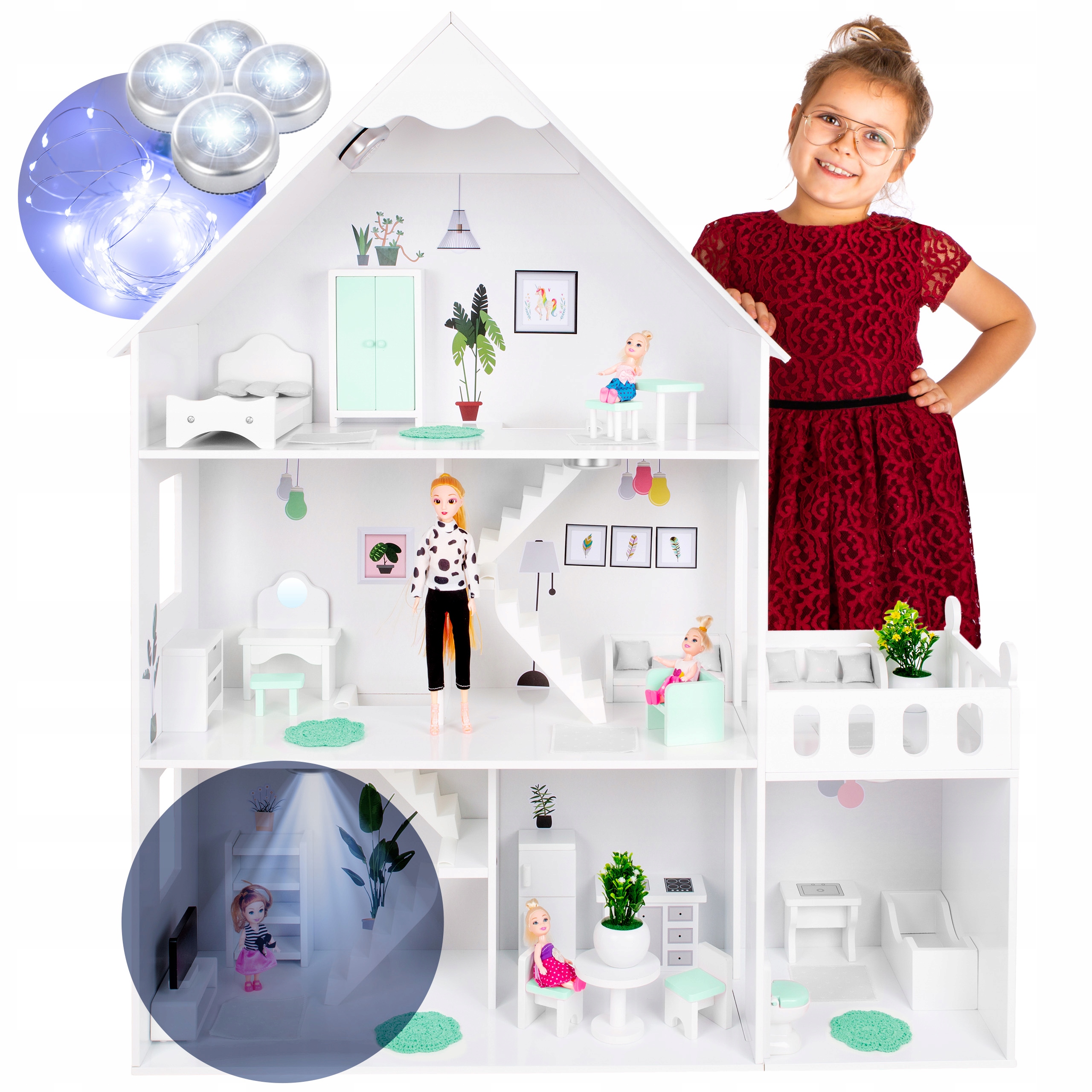 

Duży Drewniany Domek Dla Lalek Kinderplay Światło