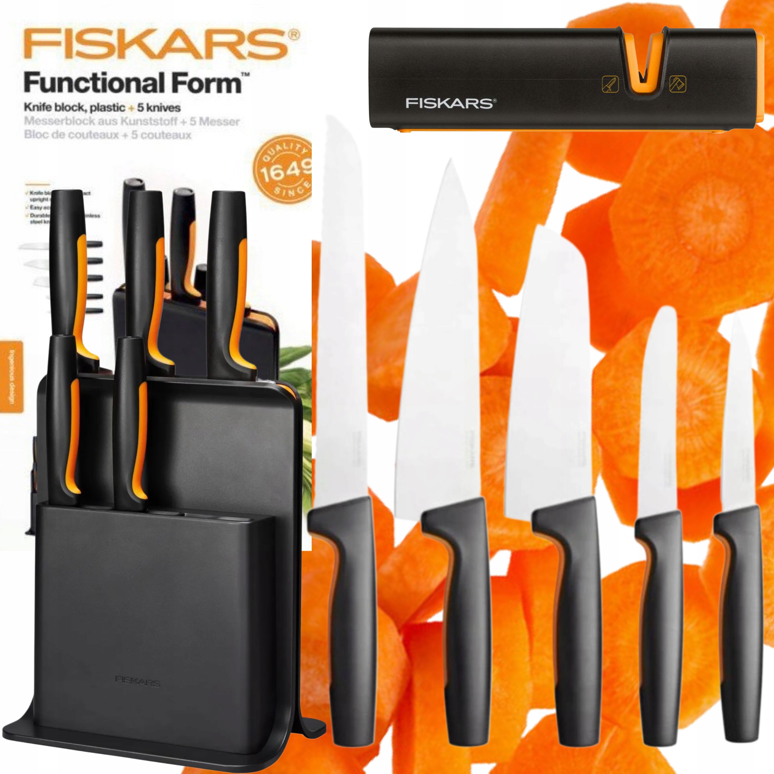 Sada 5 Nožov V Bloku Fiskars Čierna Kompletná Sada Kuchynských Nožov Ostre Brusný Kameň