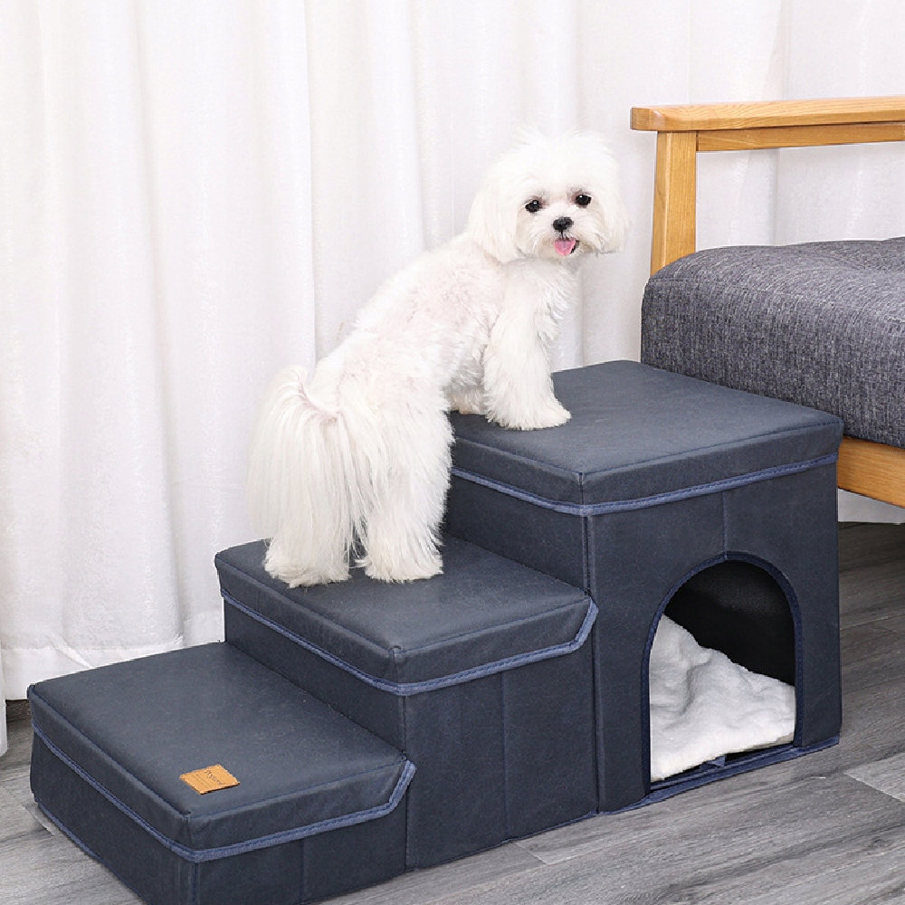 Levně Skládací schody se 3 úrovněmi, s úložným prostorem a hnízdem, pro malá domácí mazlíčky, modré