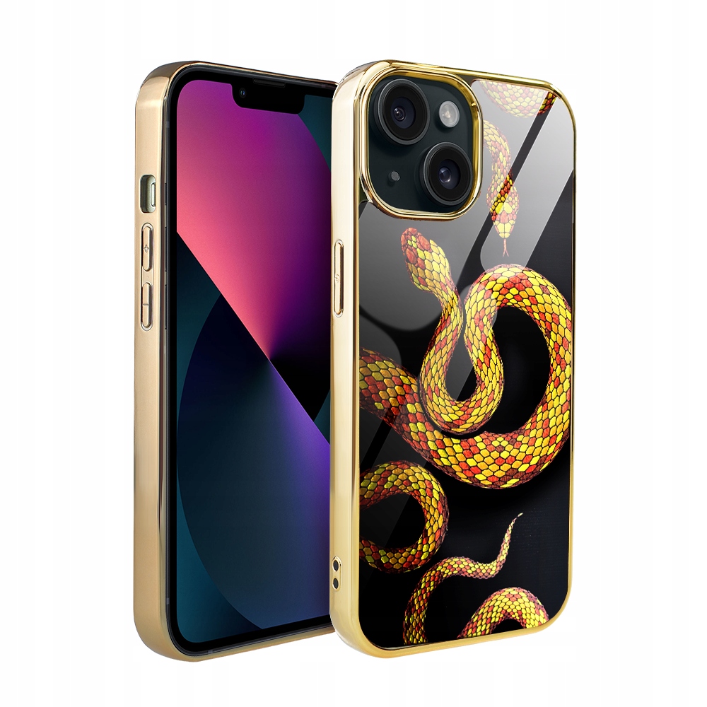 Pouzdro pro iPhone 13 Ibizu Elite Glass, skleněná zadní strana, hadičky se zlatem, zlaté