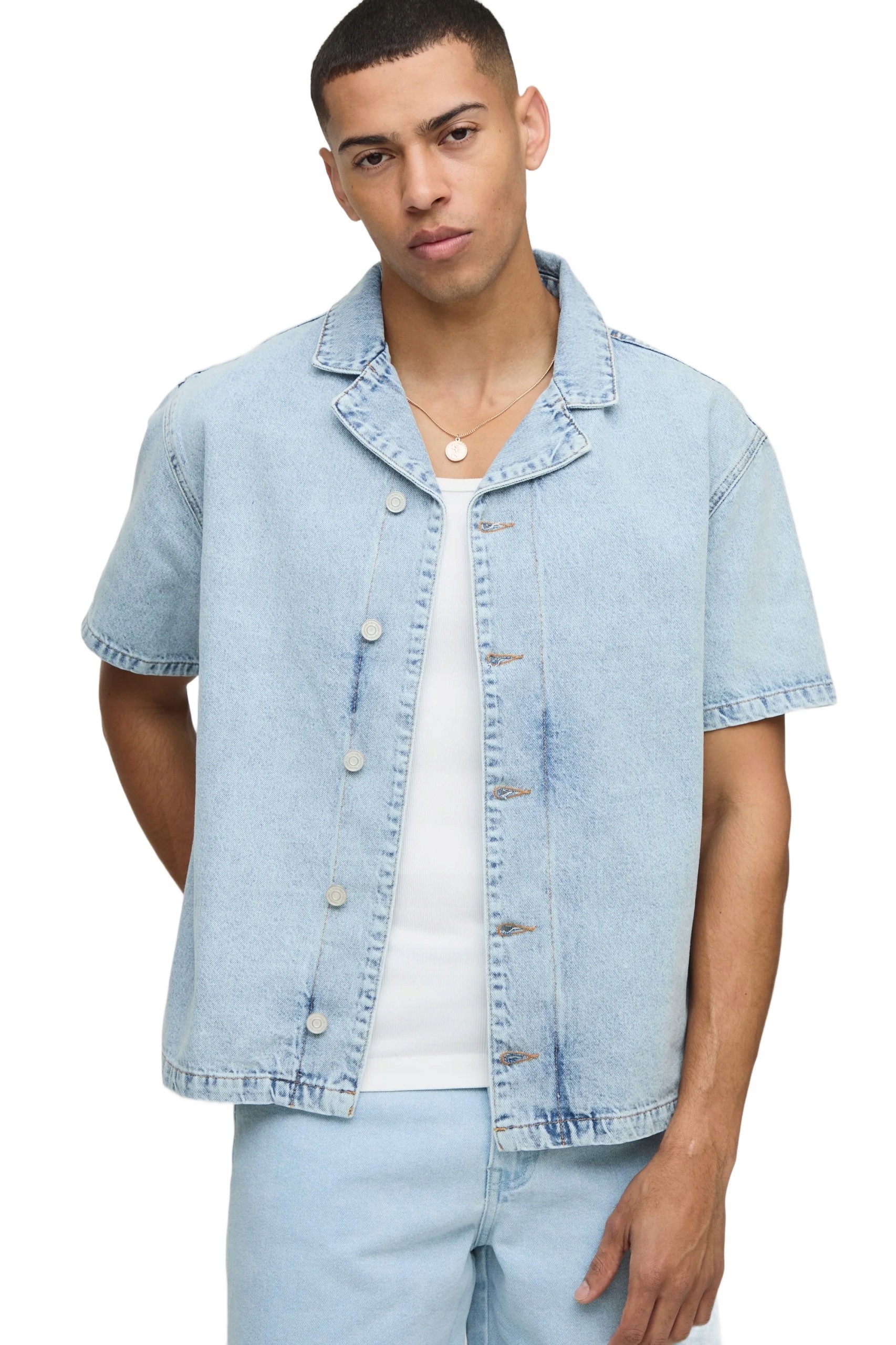 Boohooman Pánská Košile Casual Jeans Krátký Rukáv Modrá S Z3A