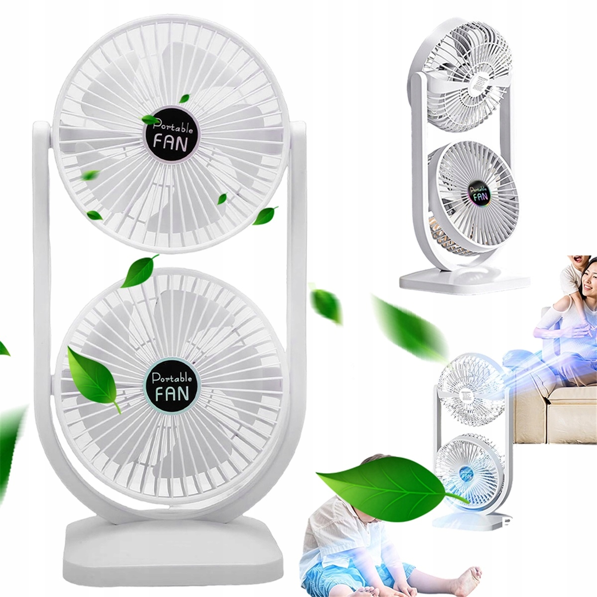 Dvojitý Usb ventilátor 3 rychlostní stupně 3600 mAh Hlavice 270° Bílý Tichý