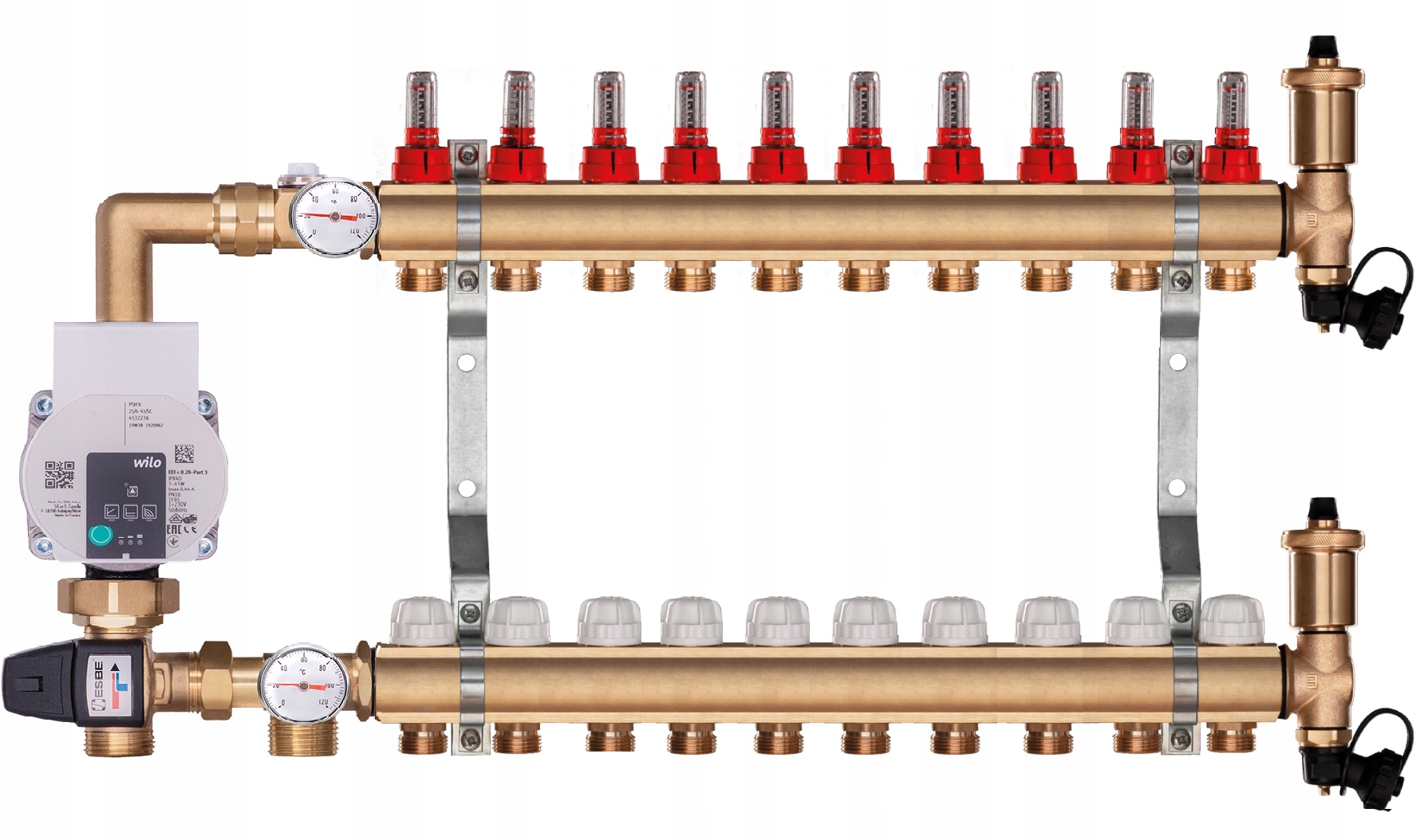 Mosazný rozdělovač pro podlahovku 10 topení s Čerpací Skupinou Wilo