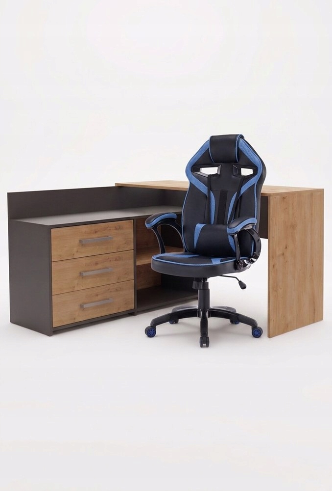 Sada rohový písací stôl Antracit Dub Artisan kreslo Drift Modrá