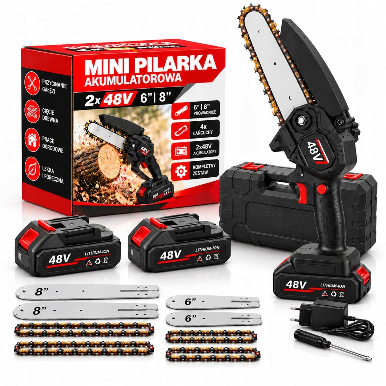 Mini Aku Řetězová Pila 6" a 8" 48V 2 Akumulátory 4 řetězy