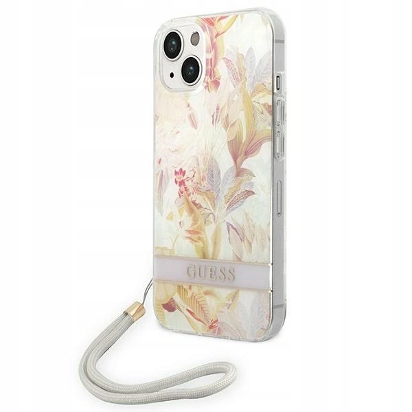 Pouzdro Guess Flower Strap pro iPhone 14 Plus fialové