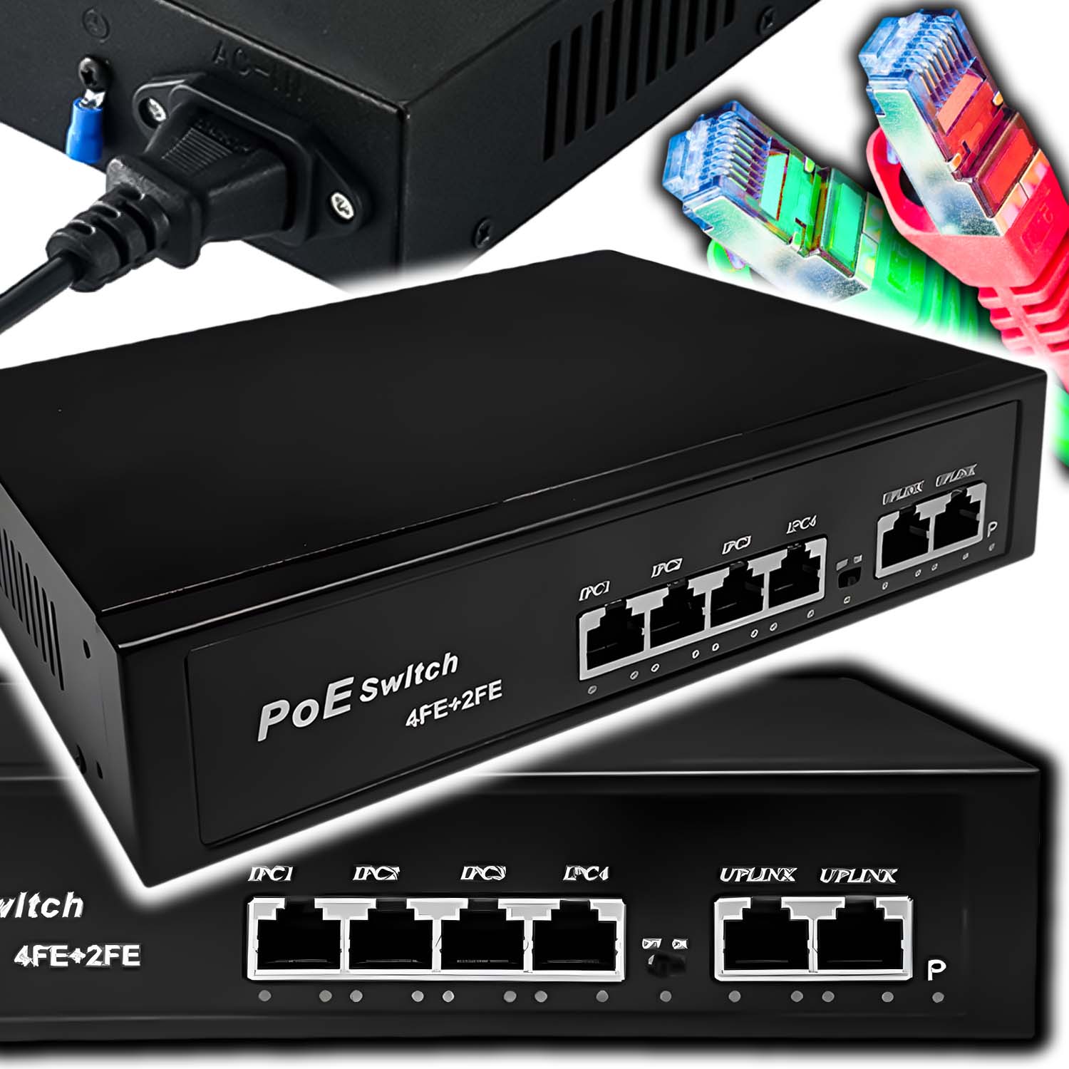 Switch POE 4+2 4xPOE 2xUplink 10/100Mbps 65W PoE+ do Kamer + funkcja EXTEND