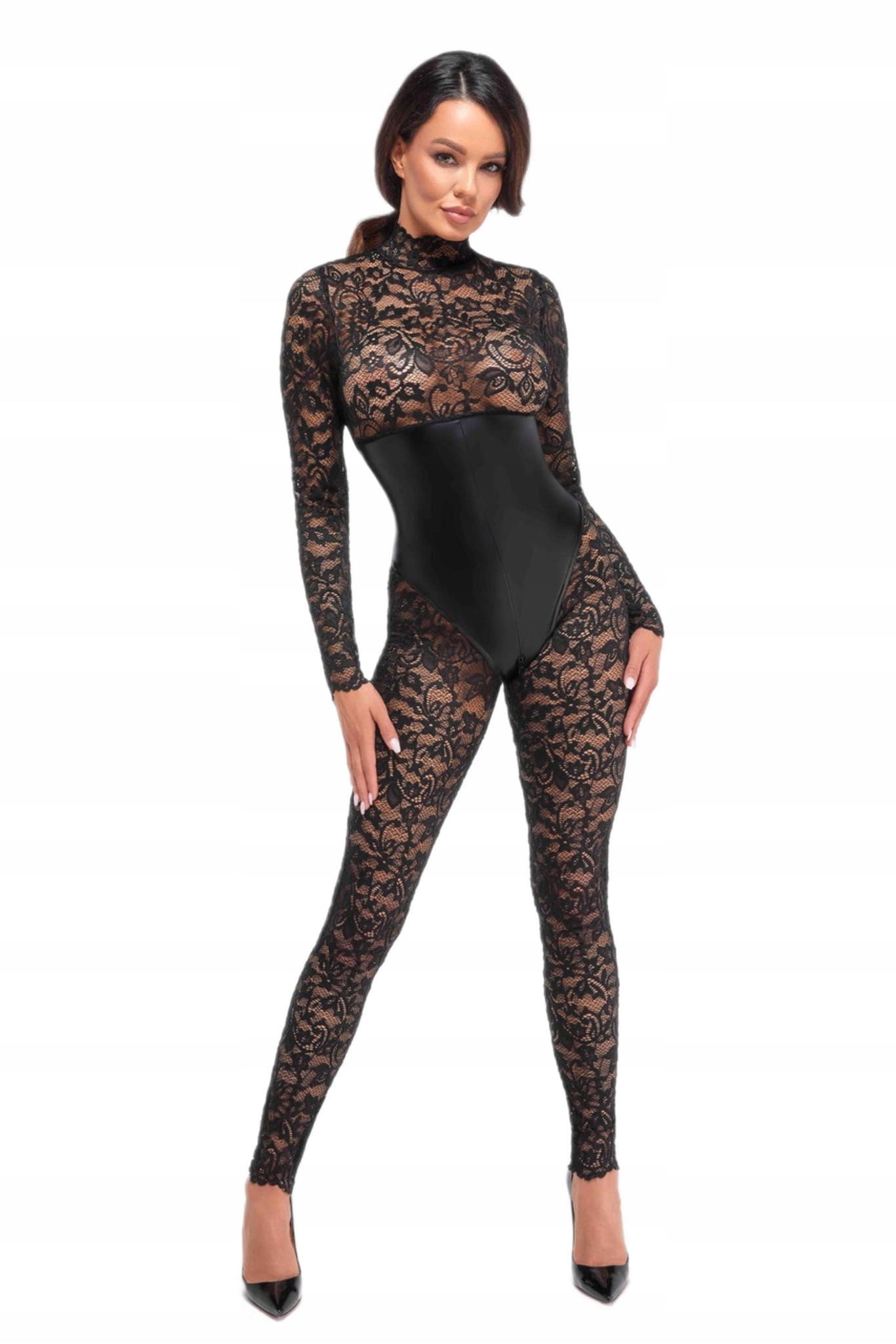 Krajkový Oblek Enigma Lace Catsuit Noir Handmade Velikost S