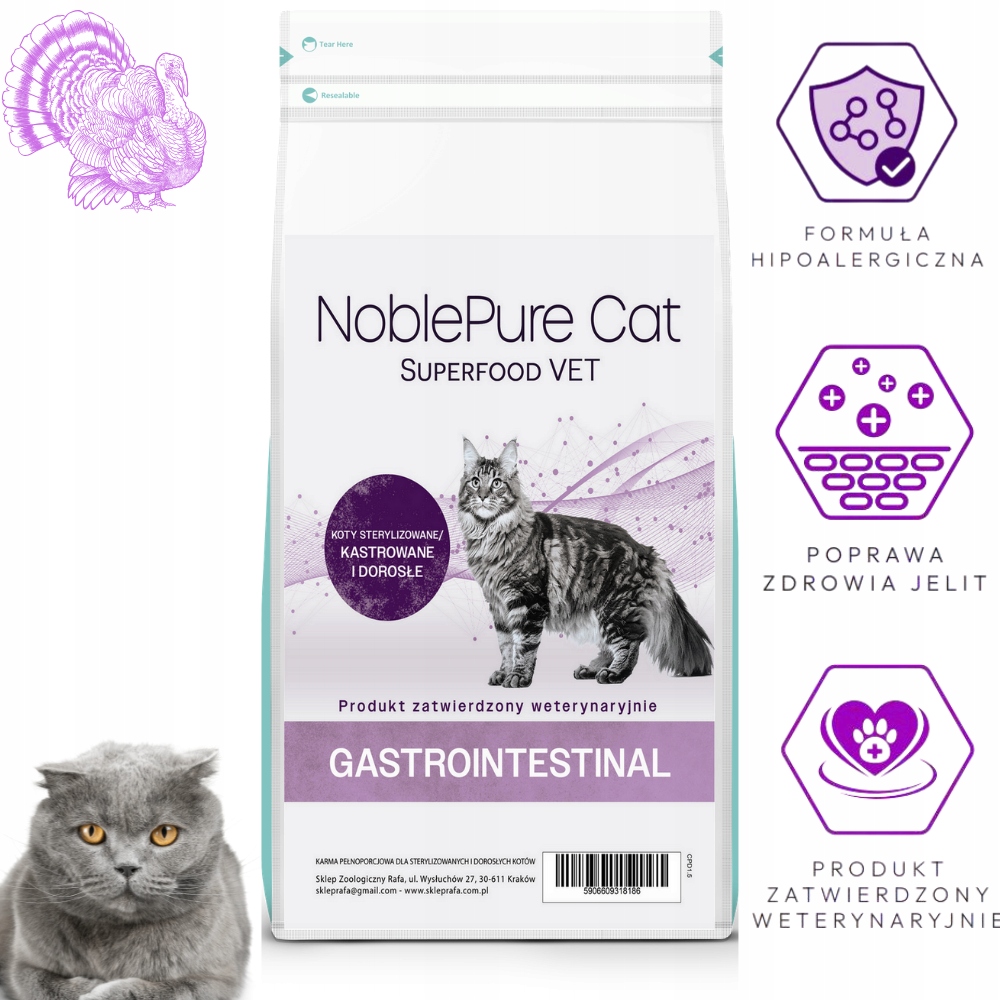 NoblePure Cat Vet Gastrointestinal Hydrolizowana karma dla kota Indyk 1,5kg