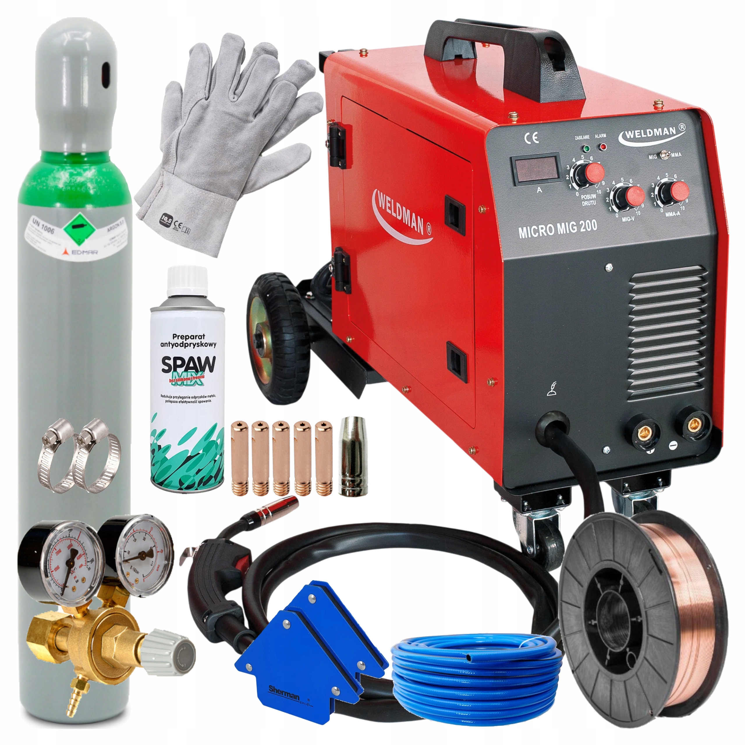 Migomat spawarka Weldman Mig 200A Mma 230V zestaw butla drut reduktor flux