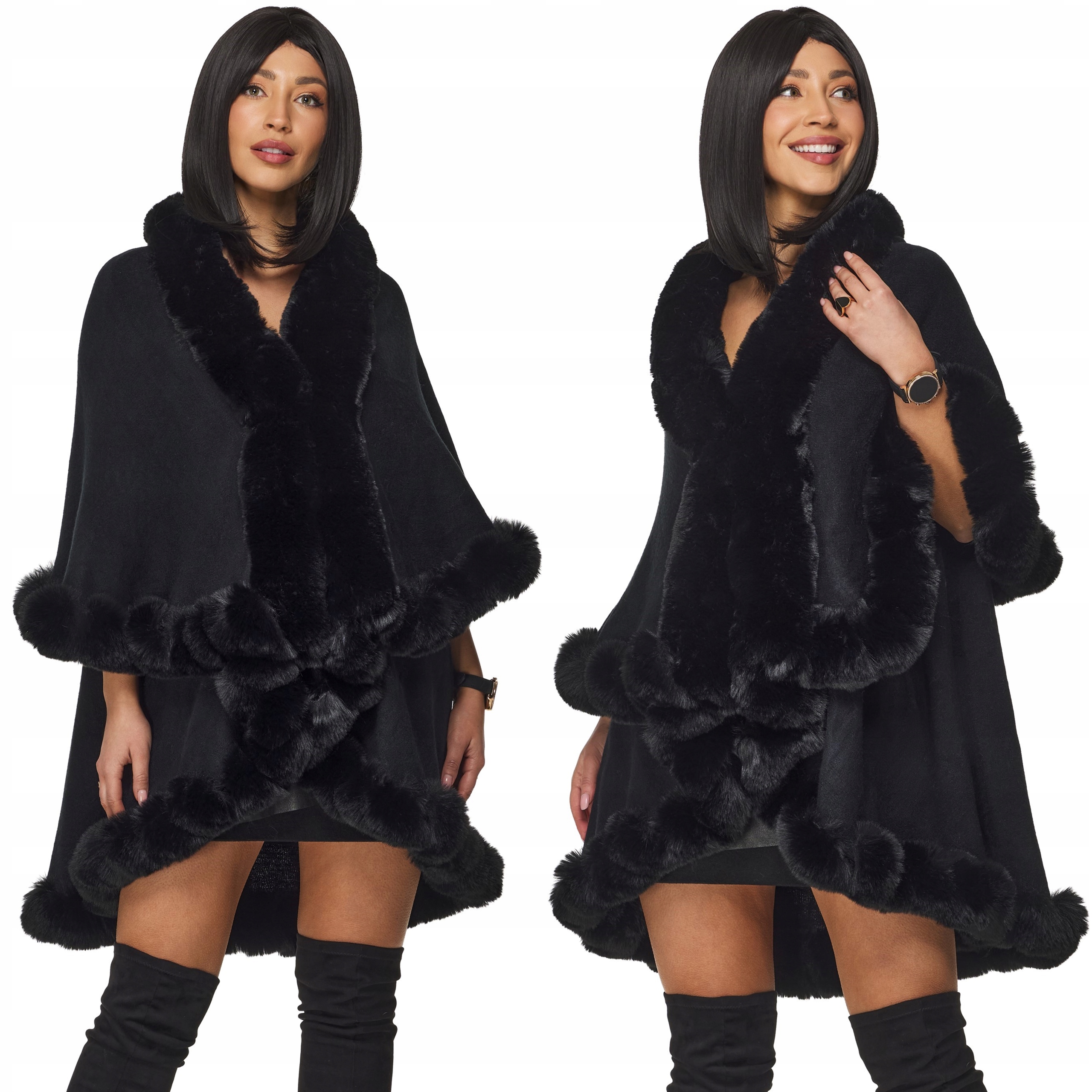 Pončo Poncho dlouhý přehoz bolerko z úpletu s kožešinou kožešina černá