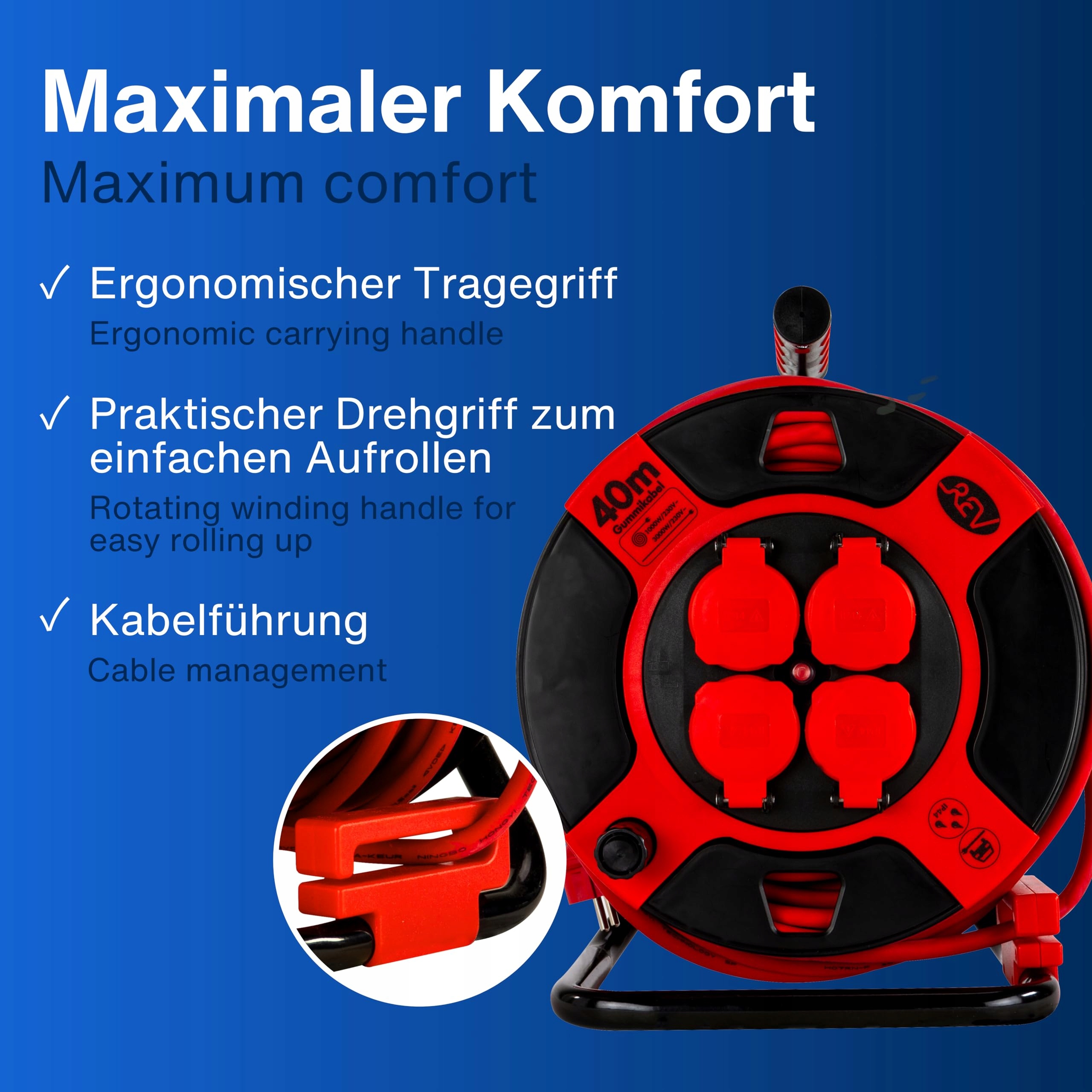 REV Kabel Bębnowy 40m H07RN IP44 3000W Przedłużacz 4 Gniazda — miniatura 3